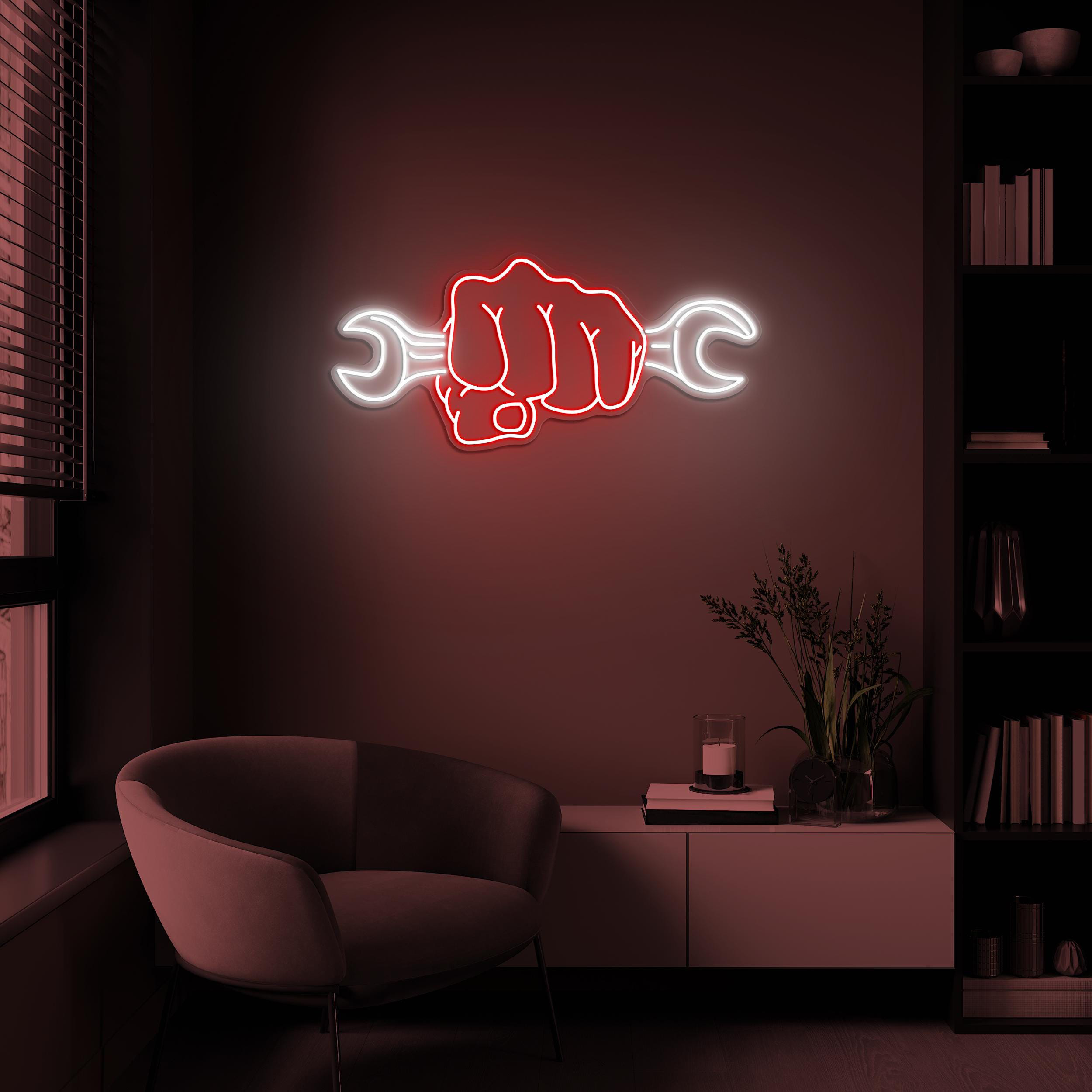 Fist Holding Wrench Neon Sign, Fist Holding Wrench LED Light, Wrench in Hand Wall Art, Labor Day Decor, Mechanic Sign, Workshop Wall Art