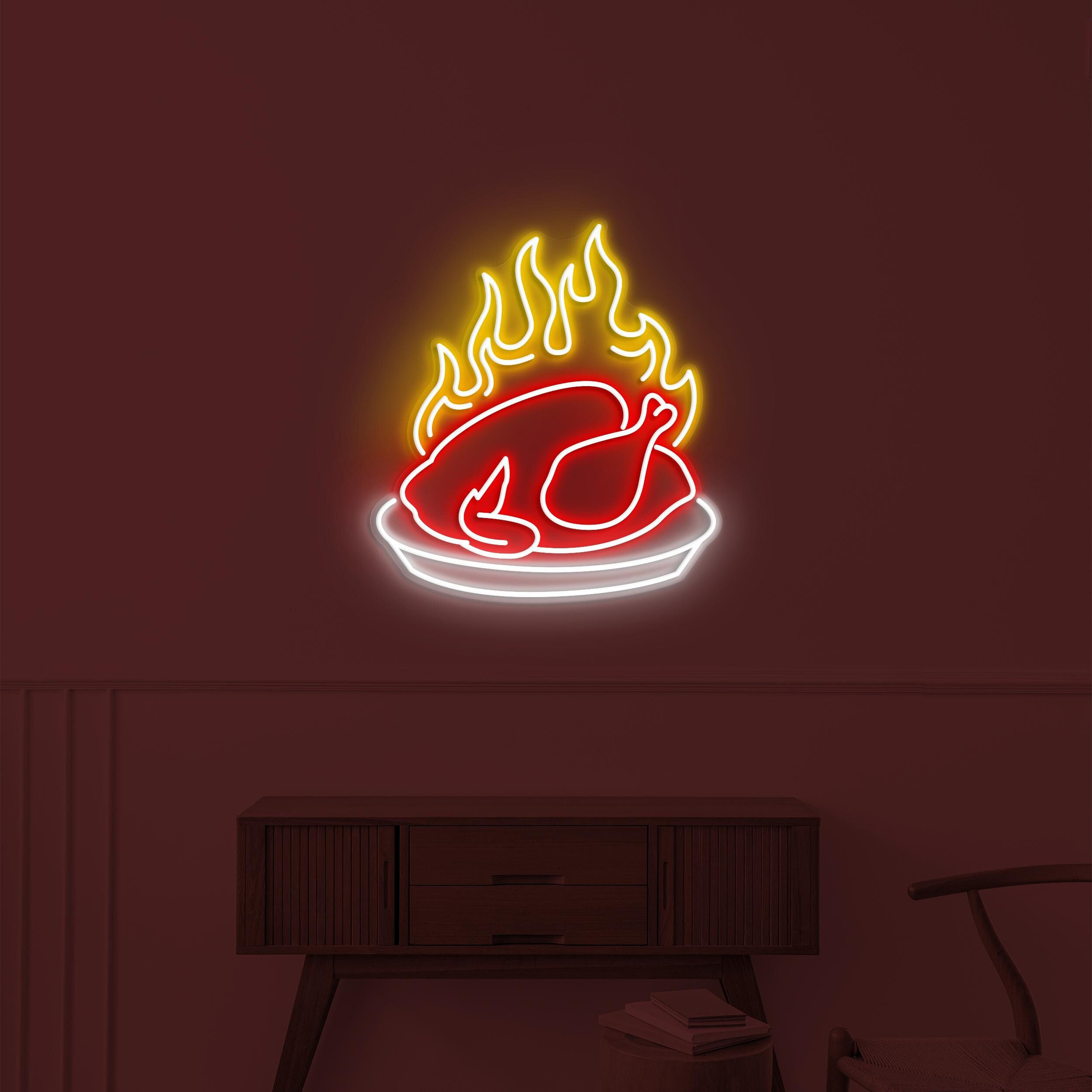 Flaming Chicken Neon Sign, Flaming Chicken LED Light, Restaurant Wall Decor, Chicken Shop Wall Art, Chicken Neon Sign, Roast Chicken Sign