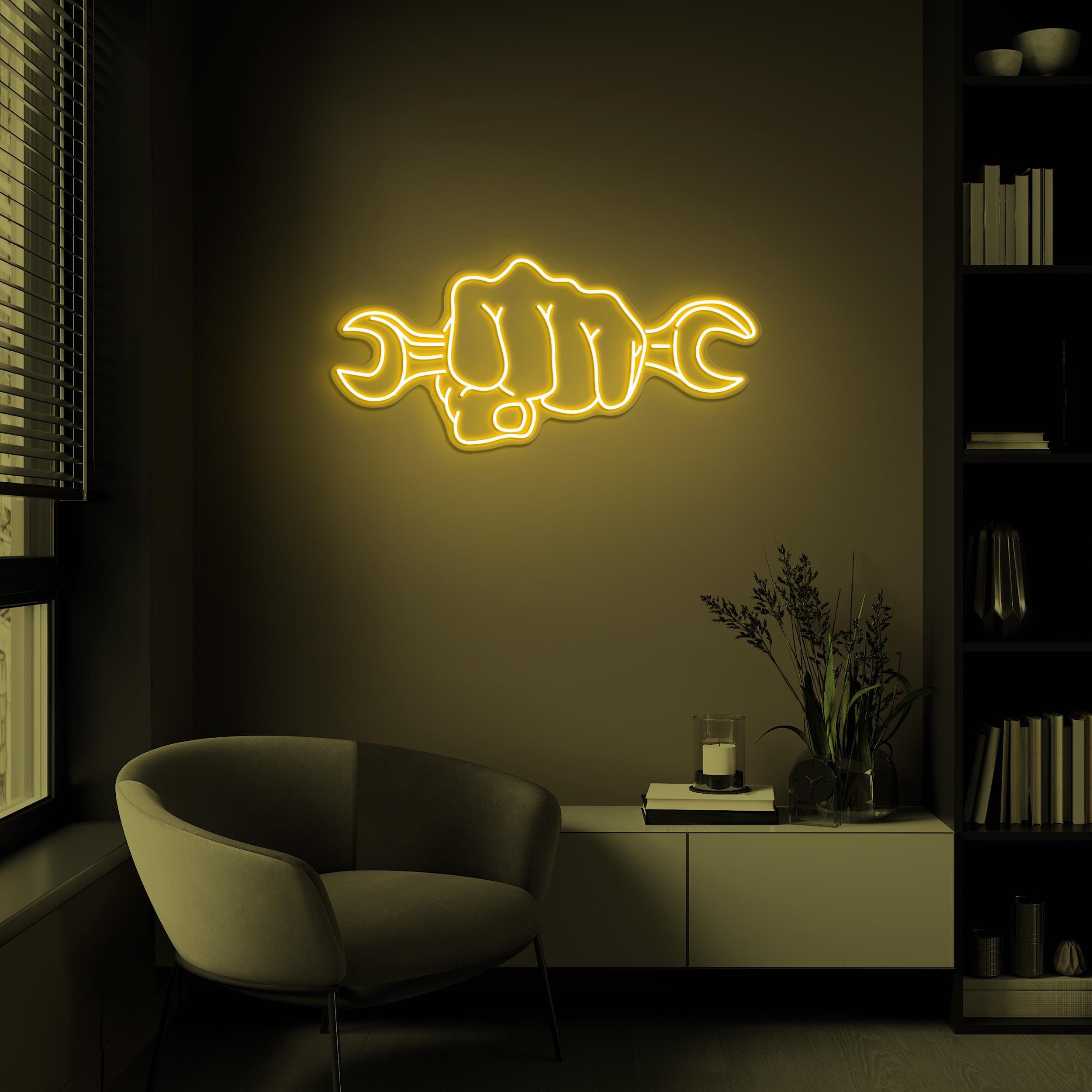 Fist Holding Wrench Neon Sign, Fist Holding Wrench LED Light, Wrench in Hand Wall Art, Labor Day Decor, Mechanic Sign, Workshop Wall Art