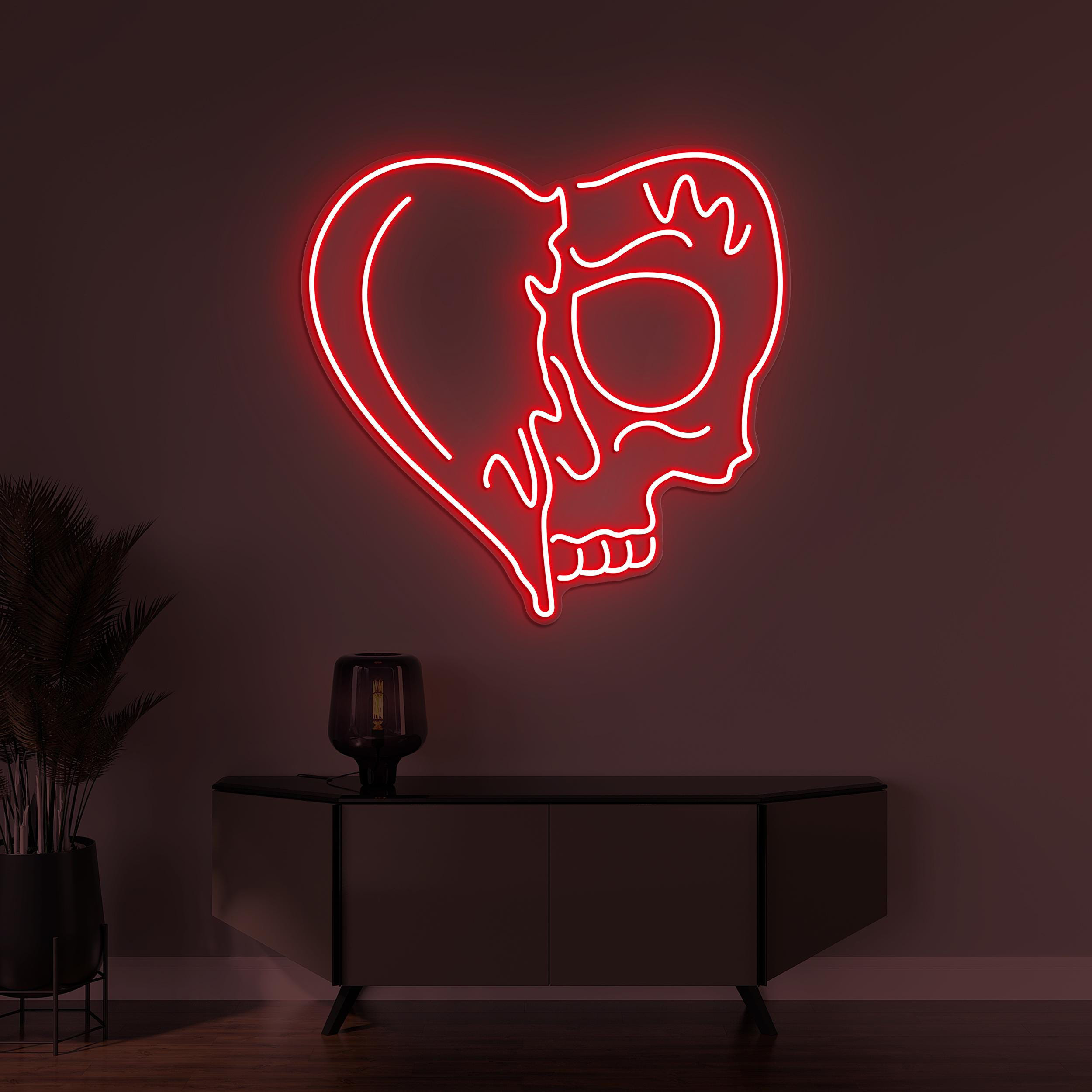 Heart and Skull Neon Sign, Heart and Skull LED Light, Custom Neon Sign, Halloween Wall Decor, Skull Head With Heart Sign, Skeleton Heart Art