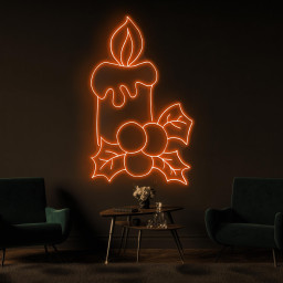 Candle Neon Sign, Christmas Candle LED Light, Berries and Leaves Neon Art, Festive Candle Wall Decor, Decor for Home, Weddings, & Party