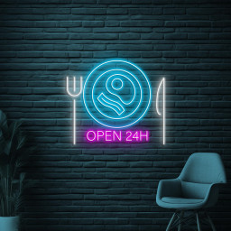 Open 24 Neon Sign, Hours 24 LED Light, Restaurant Wall Decor, Food Shop Wall Art, Business Neon Sign, Bar Club Decor, Forks & Knives Light