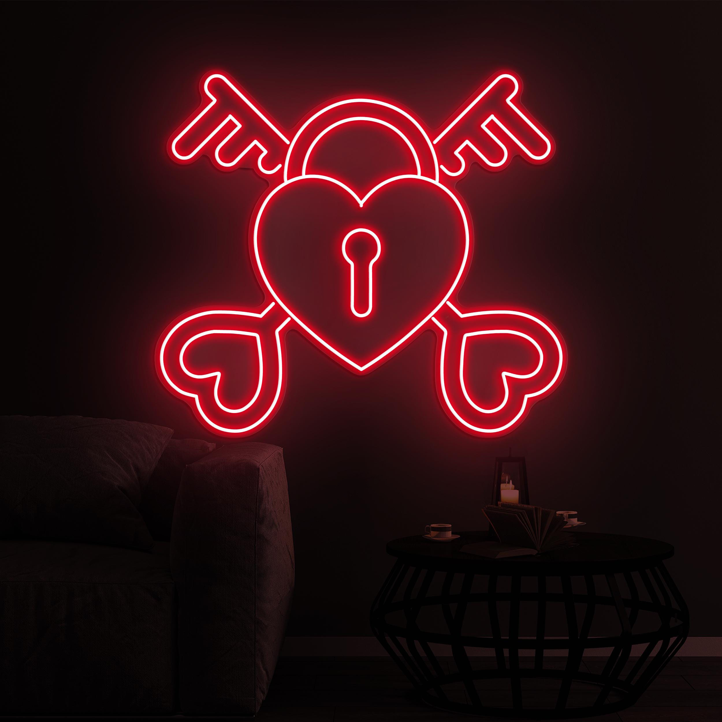 Heart and Keys Neon Sign, Heart and Keys LED Light, Lock With Key LED Neon Art, Romantic Neon Wall Art, Couple Neon Sign, Love Wall Decor