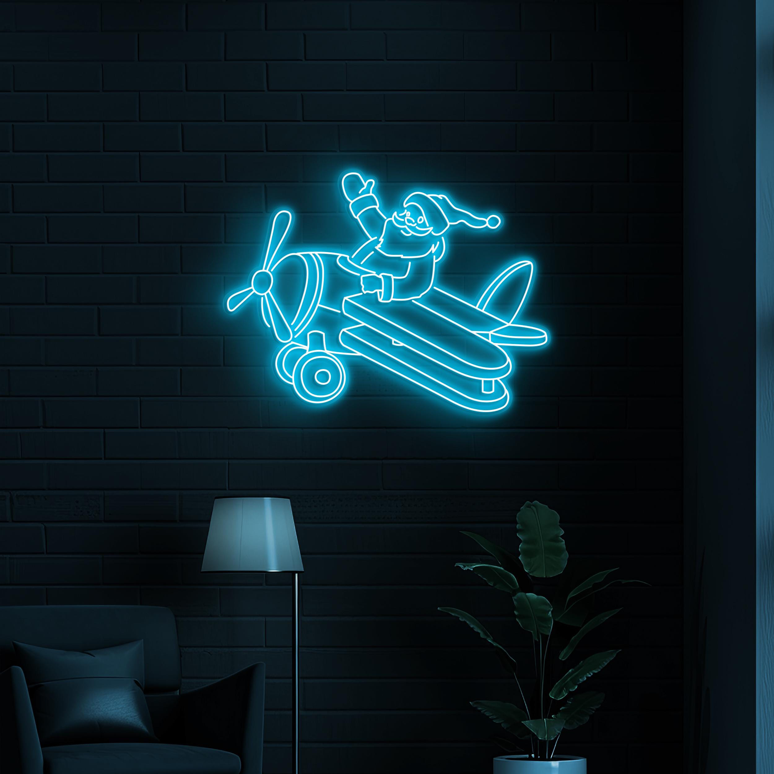 Santa on Airplane Neon Sign, Santa on Airplane LED Light, Christmas Art, Santa Claus Decor, Kids & Game Room Decor, Christmas Lover Gift