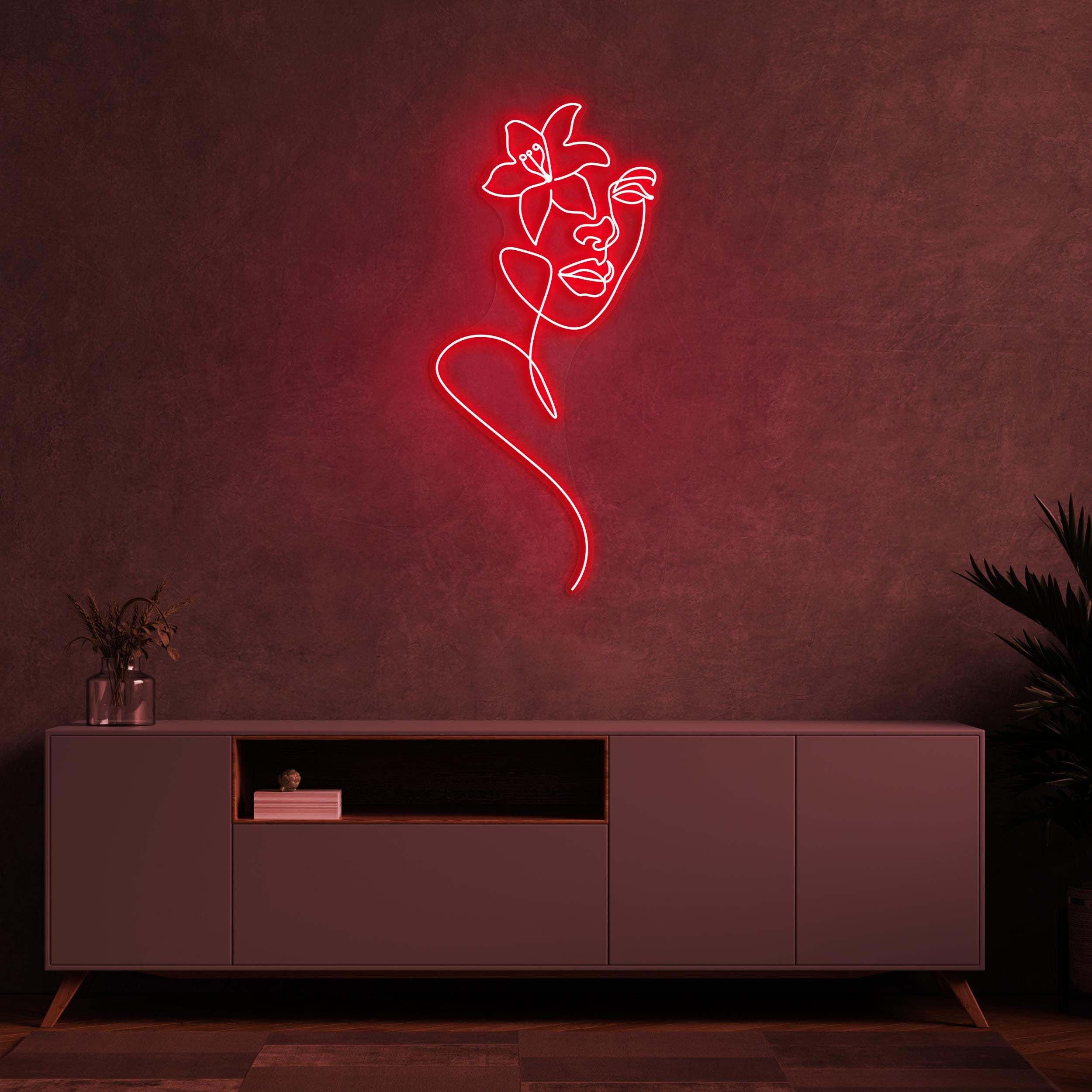 Face with Flower Neon Sign, Face with Flower LED, Feminine Line Art, Custom Neon Sign, Lady Wall Art, Decor for Home, Barber & Beauty Bar