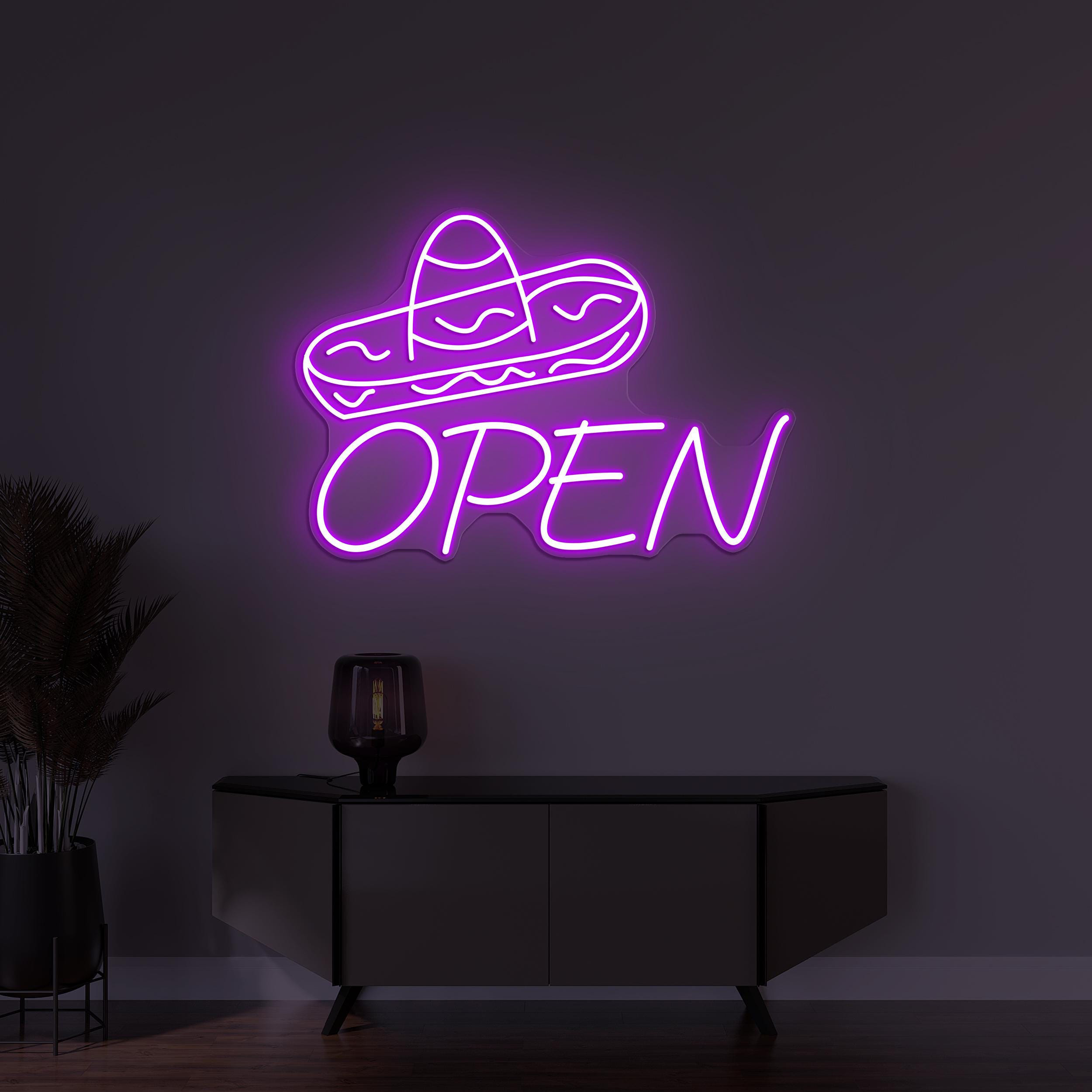 Sombrero hat Open Neon Sign, Mexican Hat LED Light, Custom Neon Sign, Restaurants Wall Decor, Open Shop Wall Art, Business Logo Wall Sign