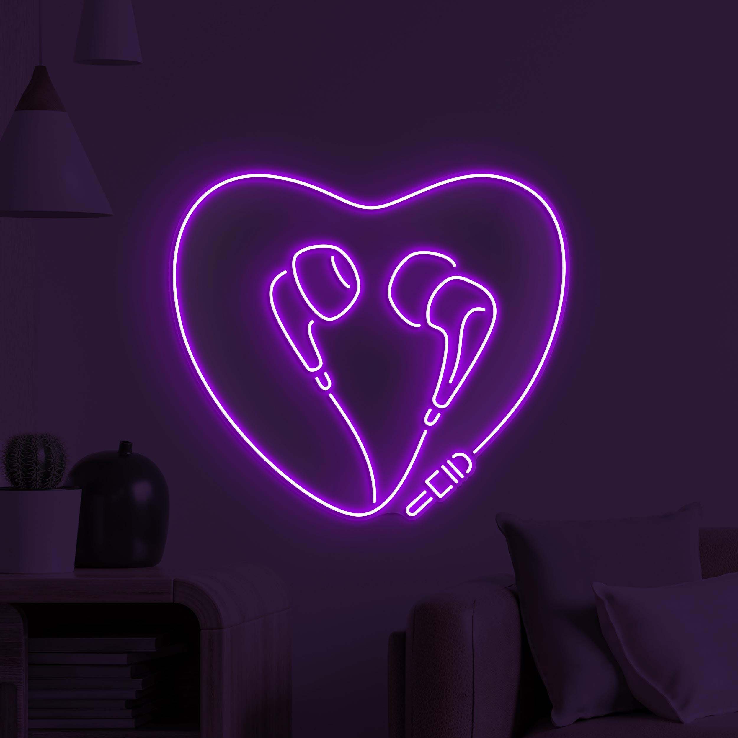Heart Earphone Neon Sign, Headphones Heart LED Light, Love Beats Wall Decor, Home Neon Light, Music Heart Wall Art, Music Love Neon Decor