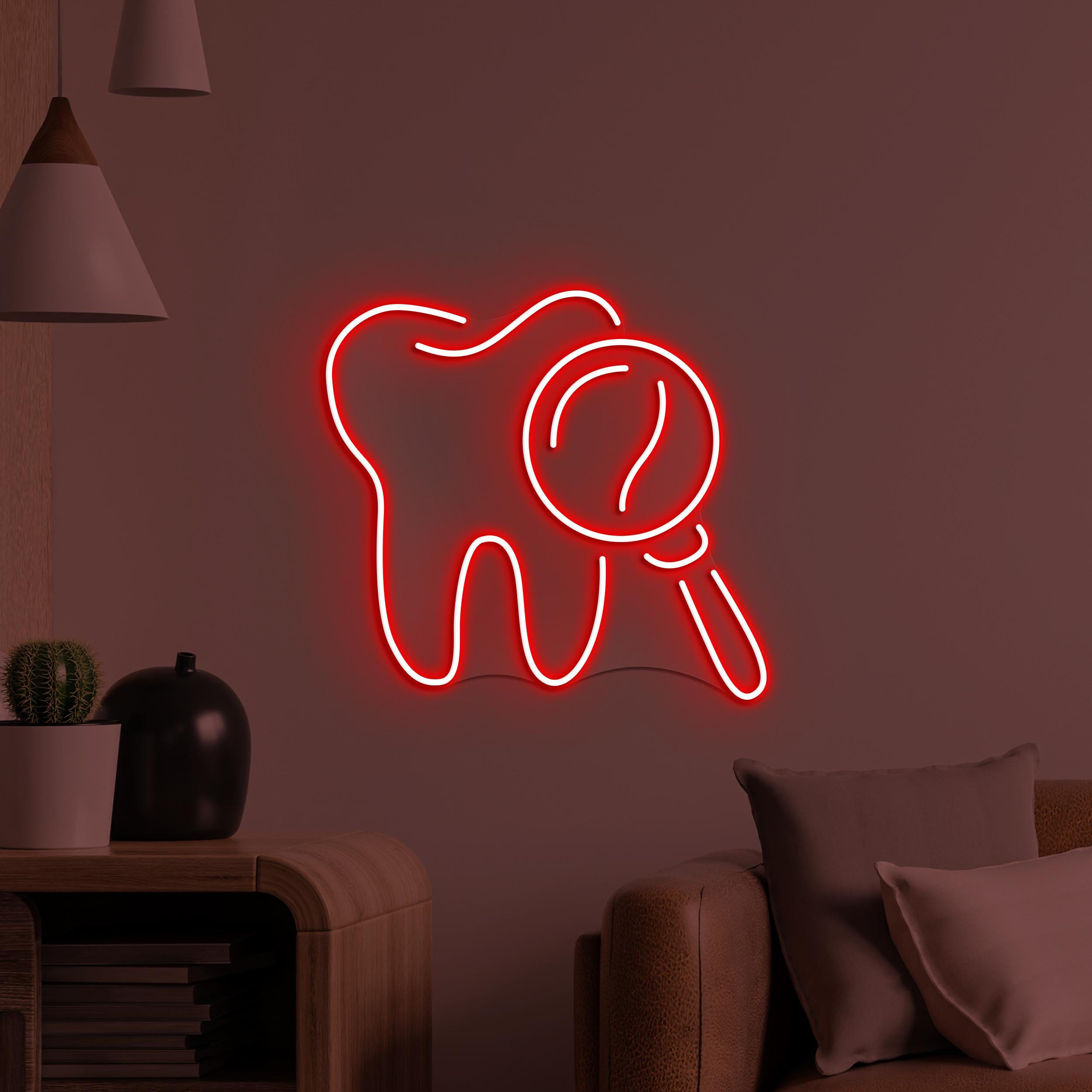 Tooth Neon Sign, Tooth LED Light, Dental Clinic Wall Art, Oral Care Neon Light, Medical Office Wall Decor, Tooth & Magnifying Glass Led Sign