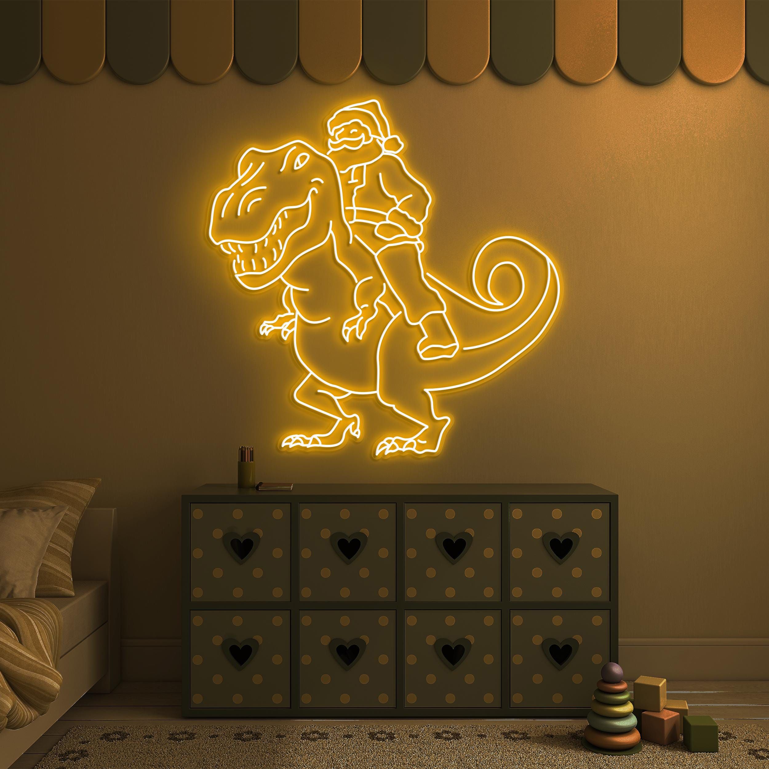 Santa on Dinosaur Neon Sign, Santa on Dinosaur LED Light, Christmas Art, Santa Claus Decor, Dino Art, Kids & Game Room Decor, Christmas Gift