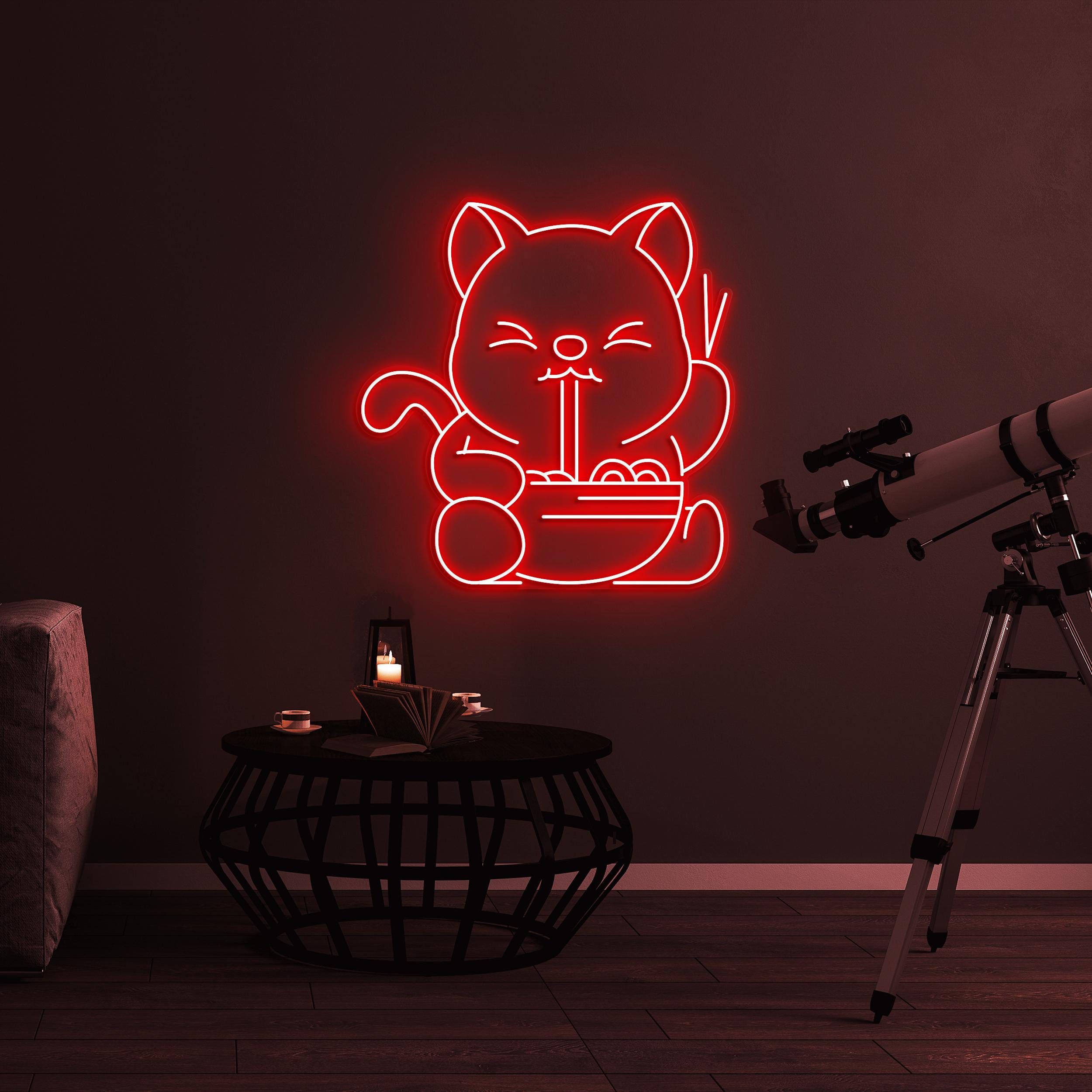 Cat Eating Ramen Neon Sign, Cat Eating Ramen LED Light, Cat Eating Ramen Wall Art, Cat Japanese Noodle LED Decor, Kitchen Anime Wall Decor