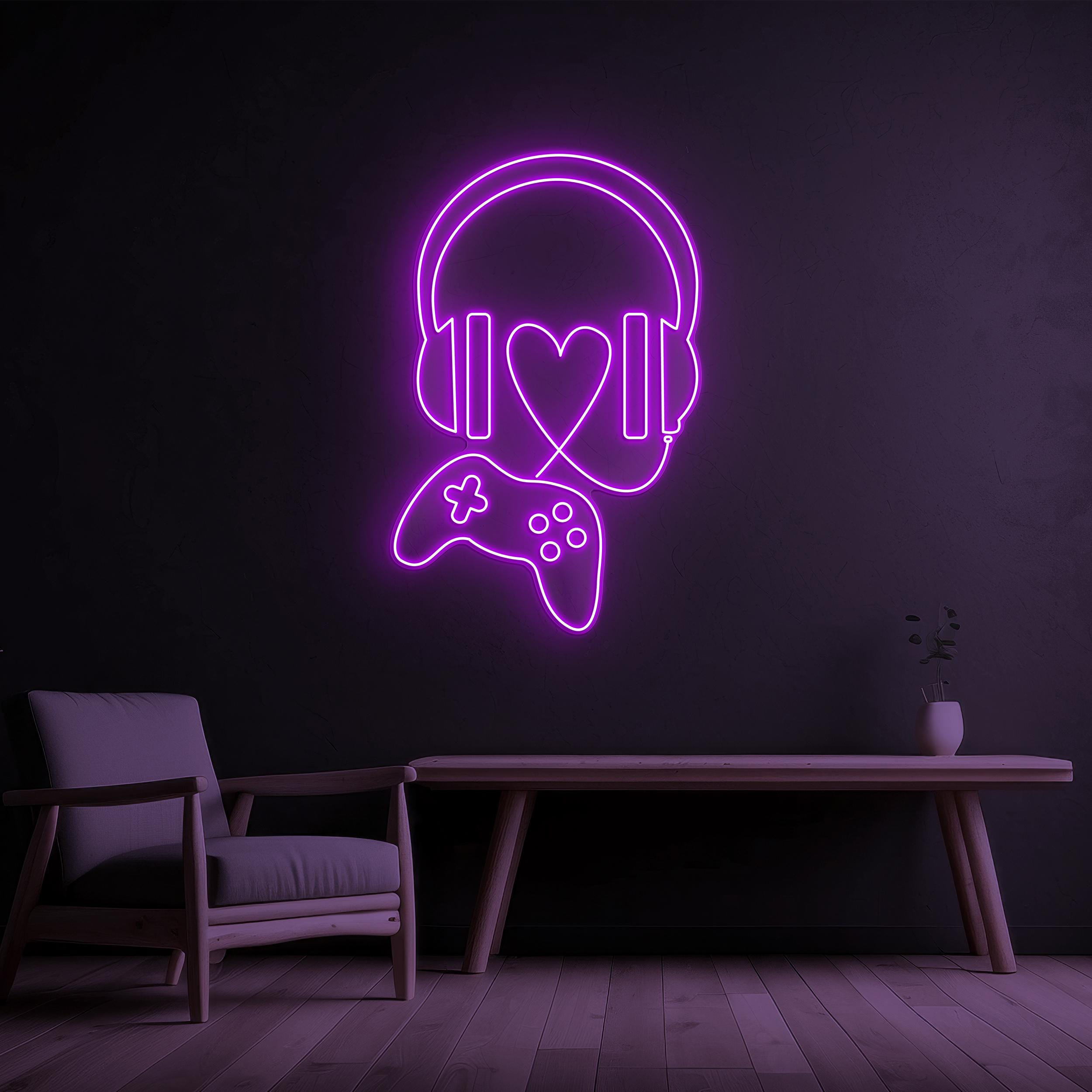 Headphone Neon Sign, Game Controller Led Light, Game Player Wall Decor, Headphone With Heart Sign, Game Room Wall Decor, Game Lover Gift