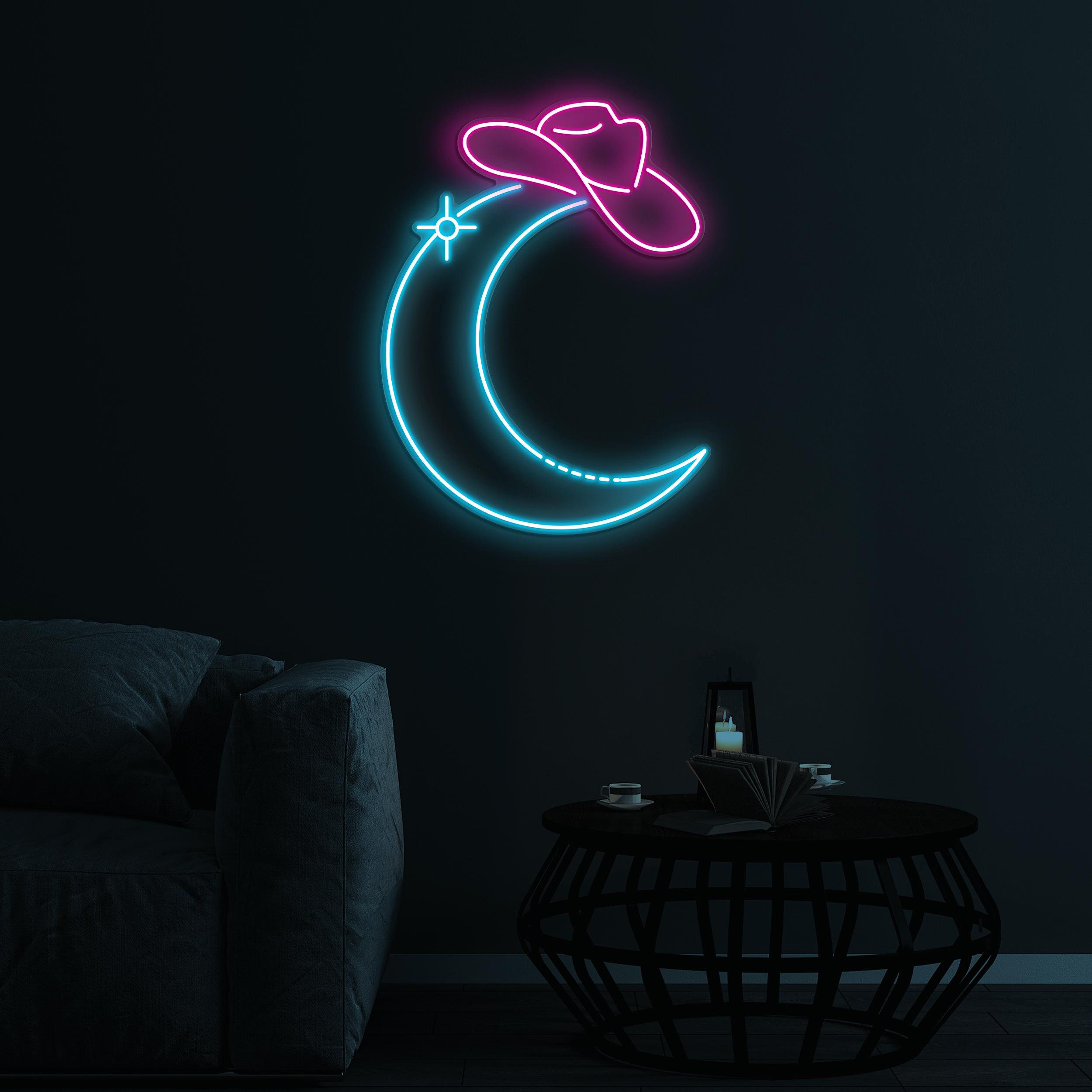 Moon Wearing Cowboy Hat Neon Sign, Moon LED Light, Home Wall Decor, Western Cowboy Bar Sign, Man Cave Decor, Western Bar Pub Neon Sign, Gift