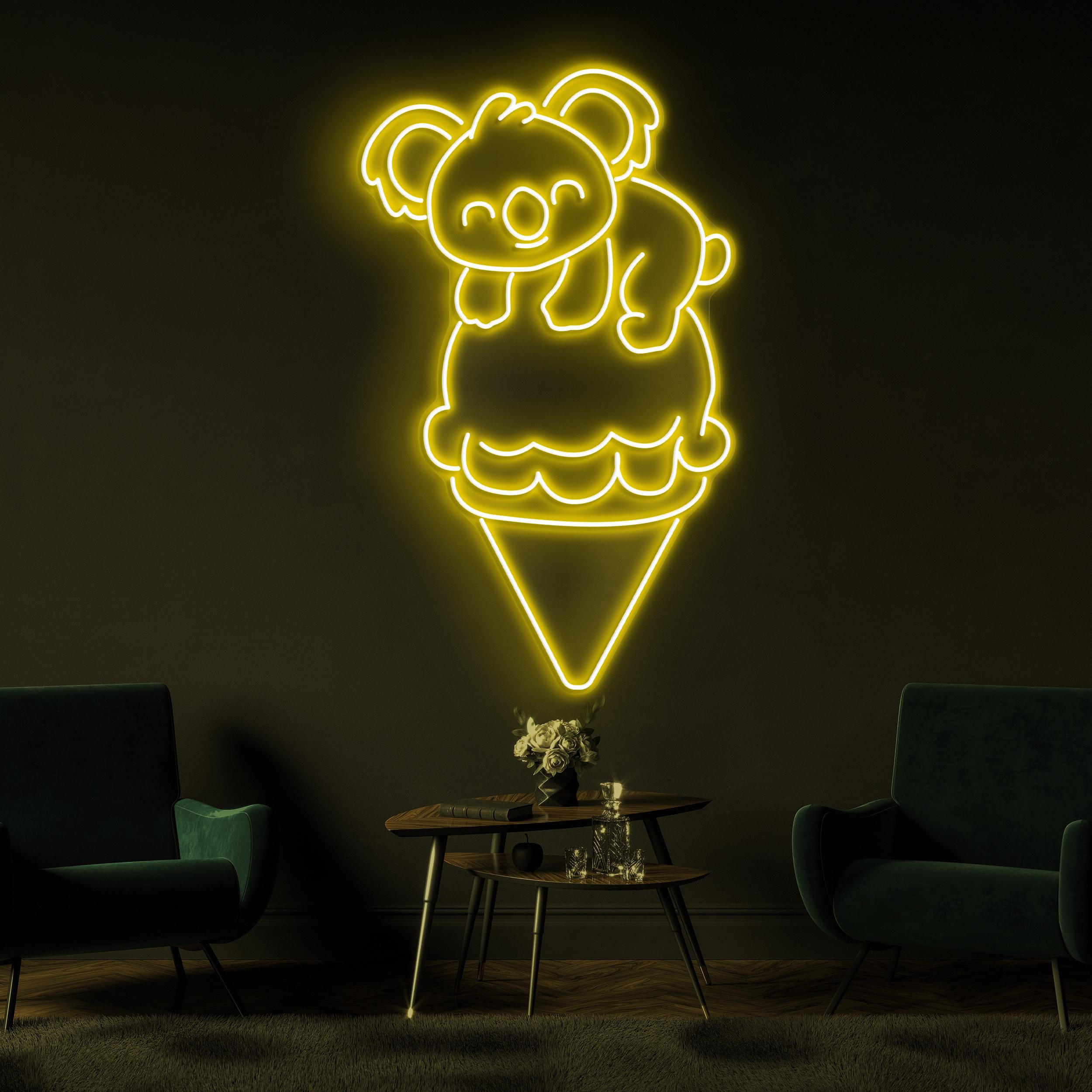 Koala on Ice Cream Neon Sign, Koala on Ice Cream LED Light, Cute Koala Wall Art, Cafe and Bar Neon Light, Kids Room Art, Ice Cream Shop Sign
