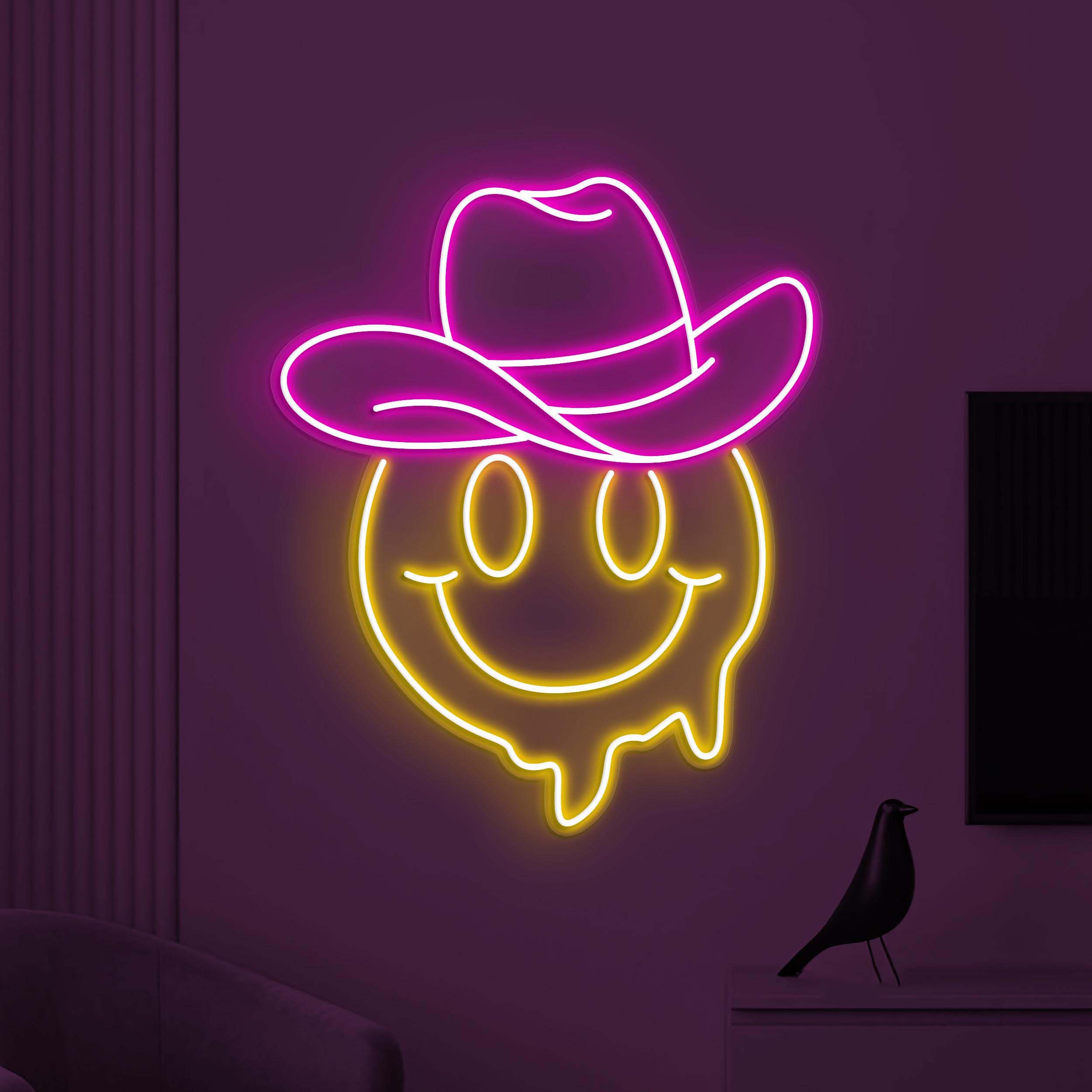 Smiley Cowboy Neon Sign, Smiley Emoji Cowboy LED Sign, Cowboy Hat Wall Decor, Melting Face Neon Sign, Kids Room Decor, Home Wall Decor, Gift