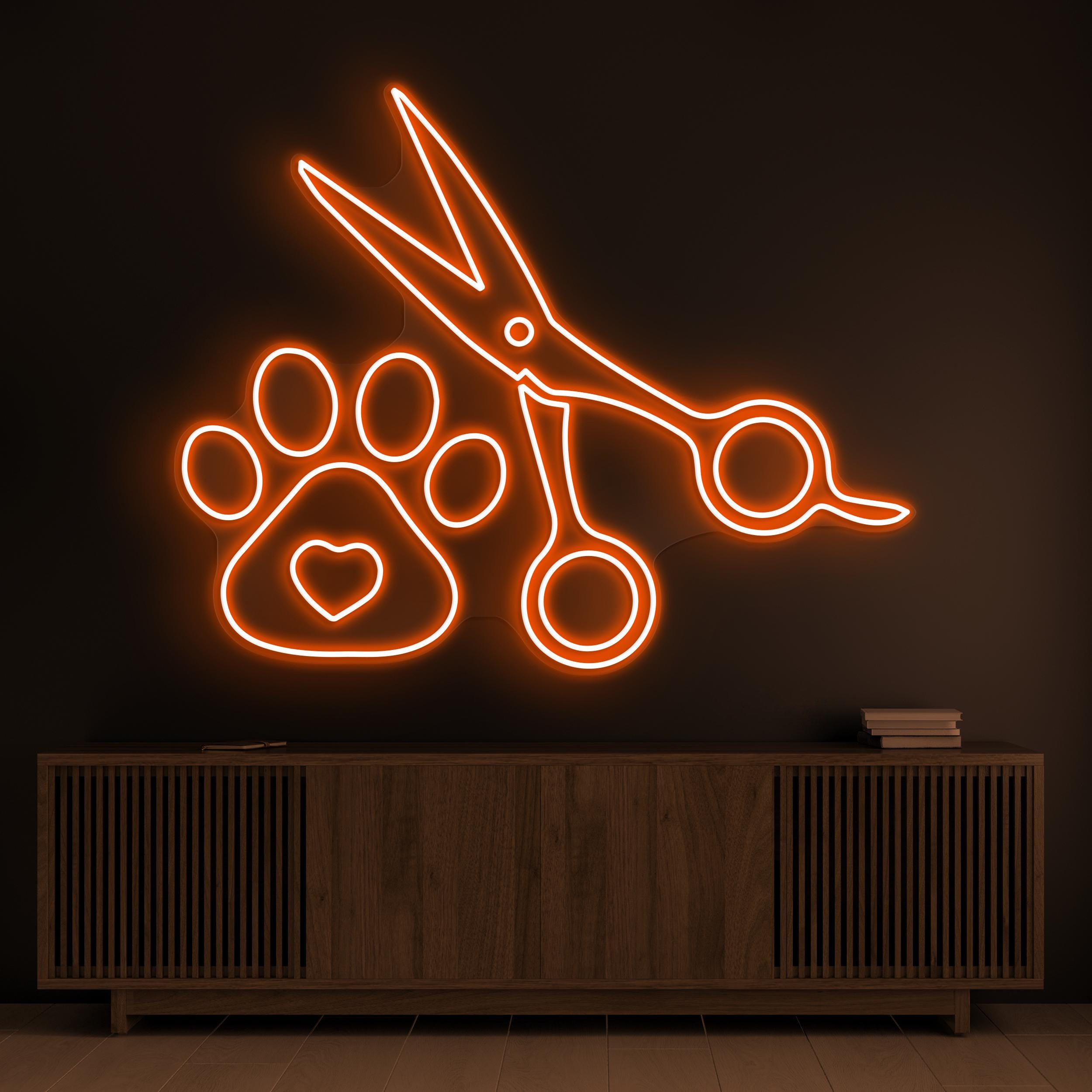 Paw with Scissors Neon Sign, Paw with Scissors LED Light, Pet Grooming Wall Art, Dog Cat Pet Service Sign, Pet Shop Decor, Paw Neon Art
