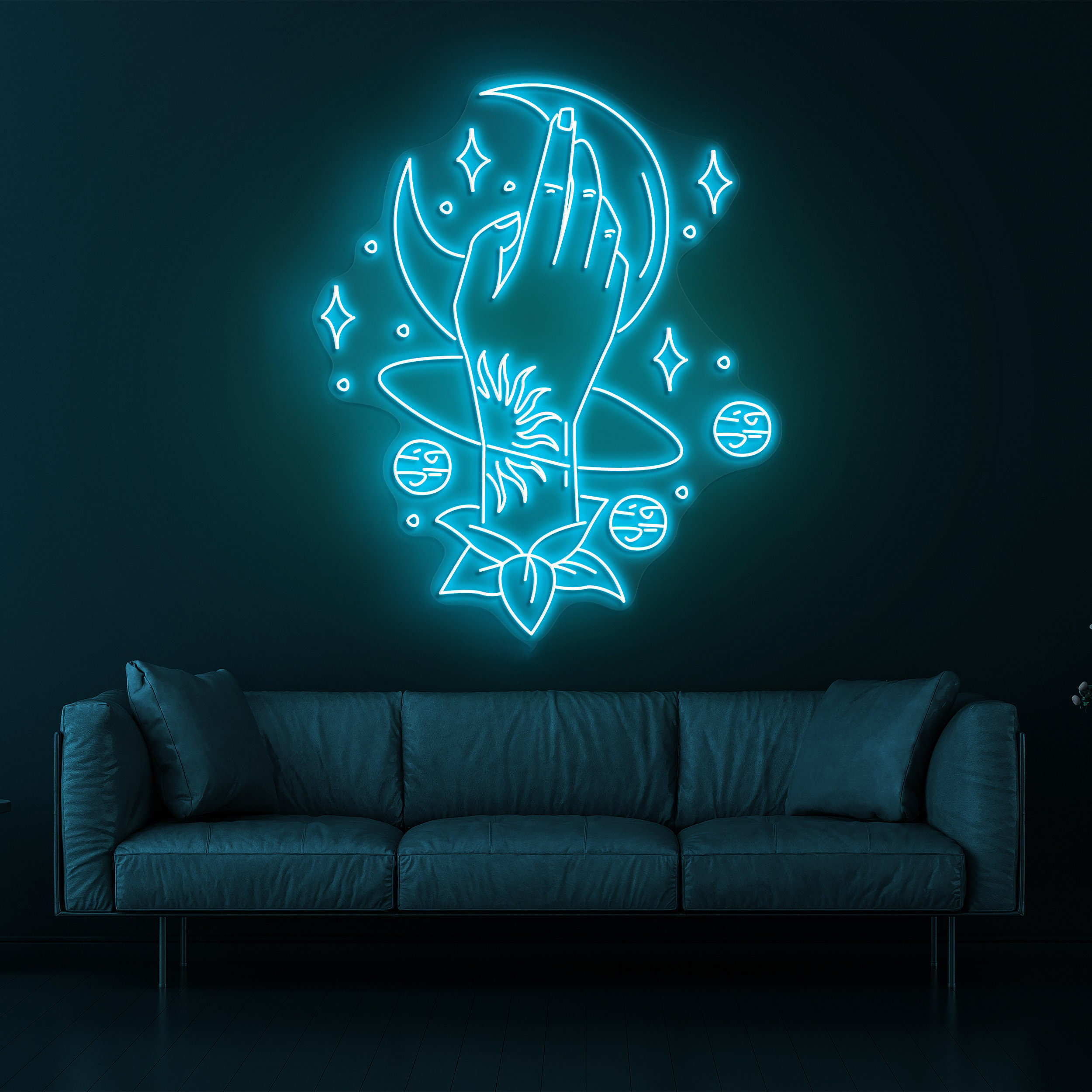 Hand Holding Moon & Stars Neon Sign, Moon LED Light, Universe Space Room Wall Decor, Salon Decor, Lady Nail Moon Stars Neon Sign, Moon Sign