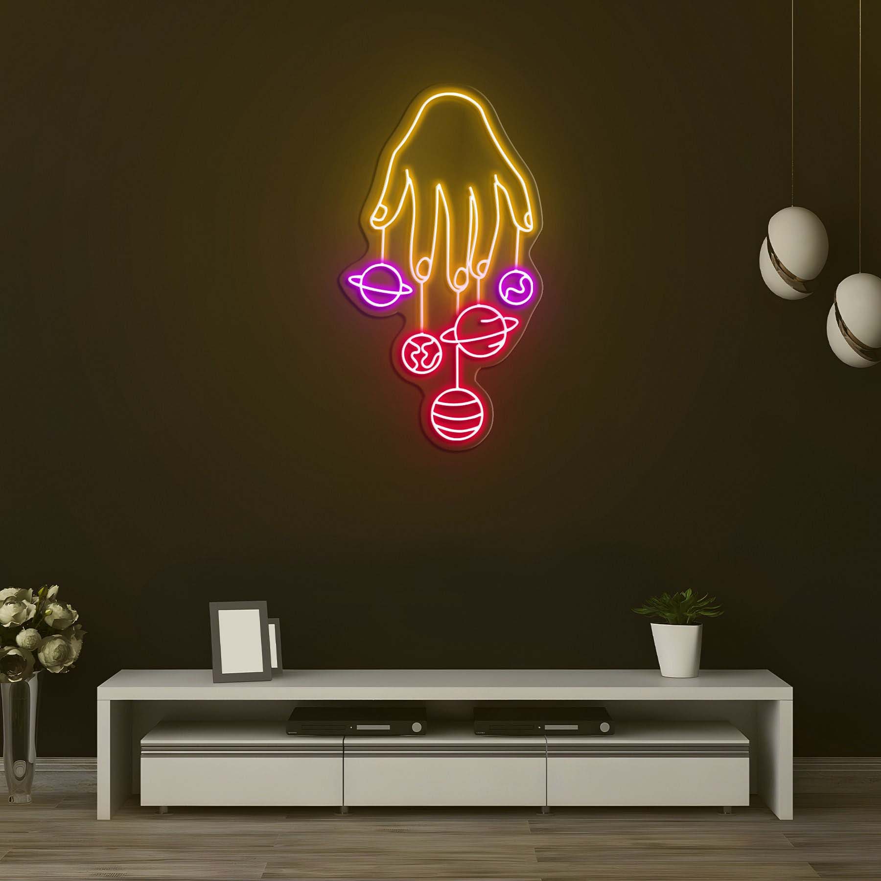 Hand Neon Sign, Planets LED Light Wall Decor, Galaxy Art, Cosmic Hand Neon Light, Planet Hand LED Sign, Room Wall Decor, Galaxy Neon Light