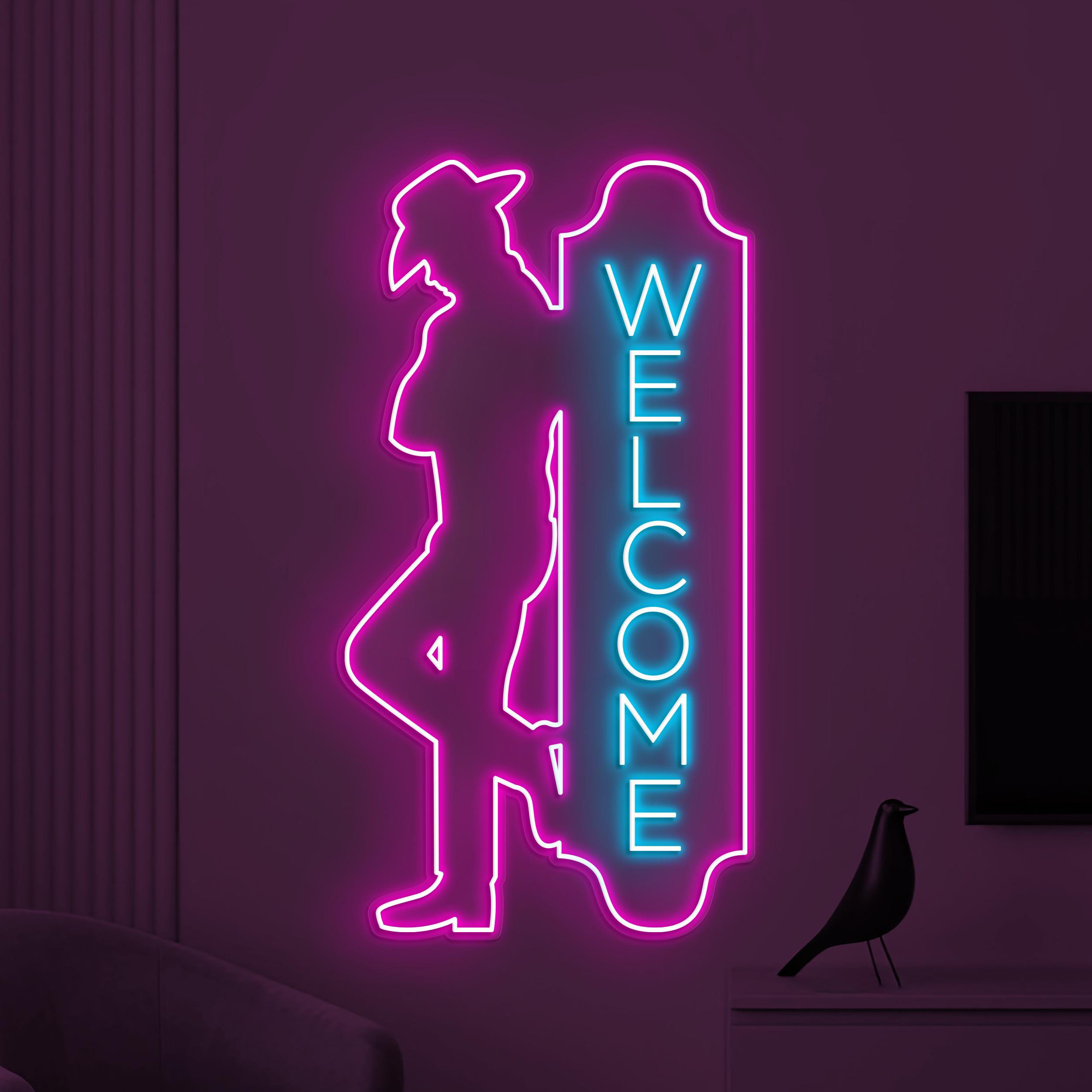 Welcome Neon Sign, Welcome LED Light, Cowboy Man Wall Decor, Cafe Neon Sign, Personalized Welcome Sign, Open Shop Sign, Business Logo Art