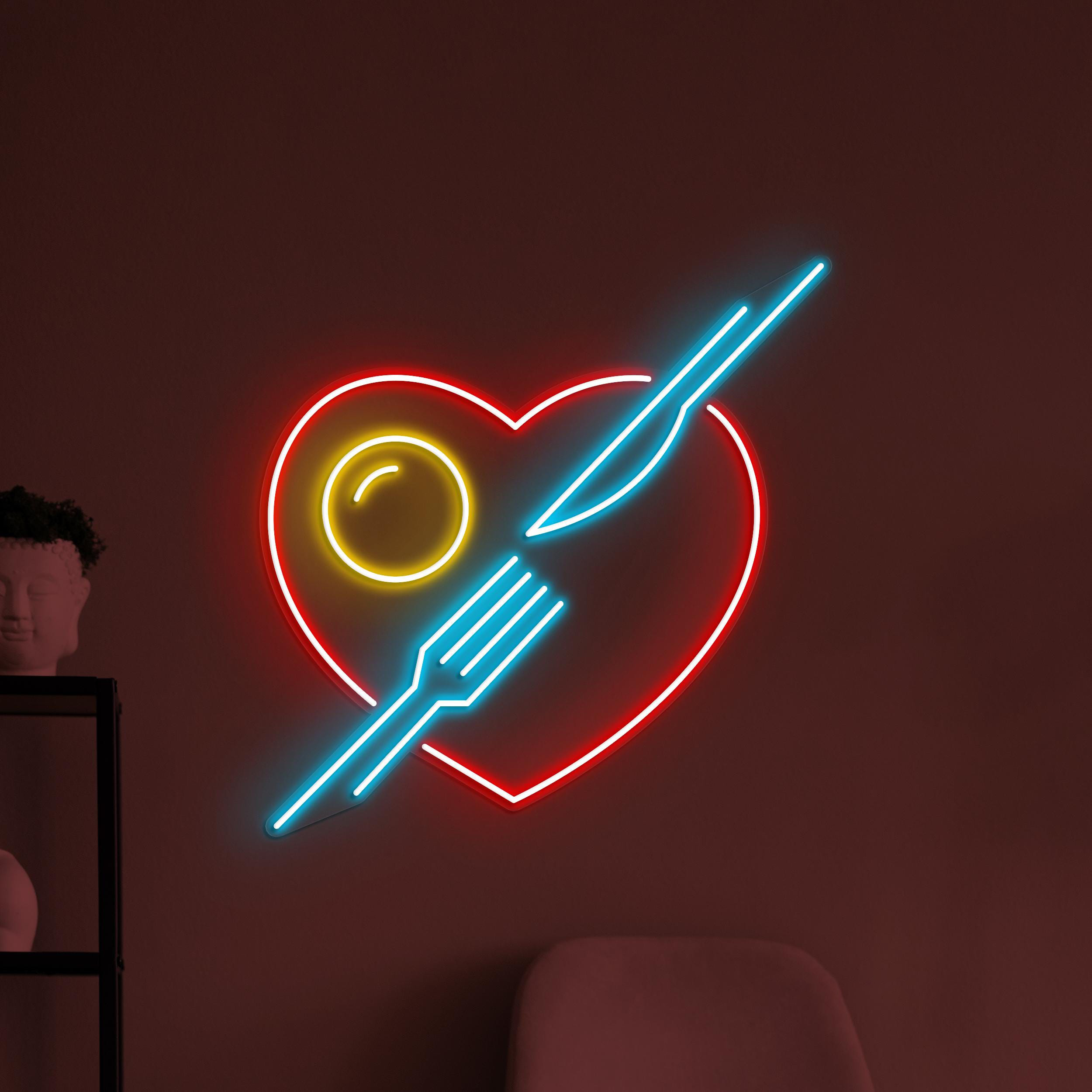 Heart Neon Sign, Heart With Fork & Knife LED Light, Love Food Wall Decor, Restaurants Wall Art, Foodie Love Neon Sign, Bar Cafe Wall Light
