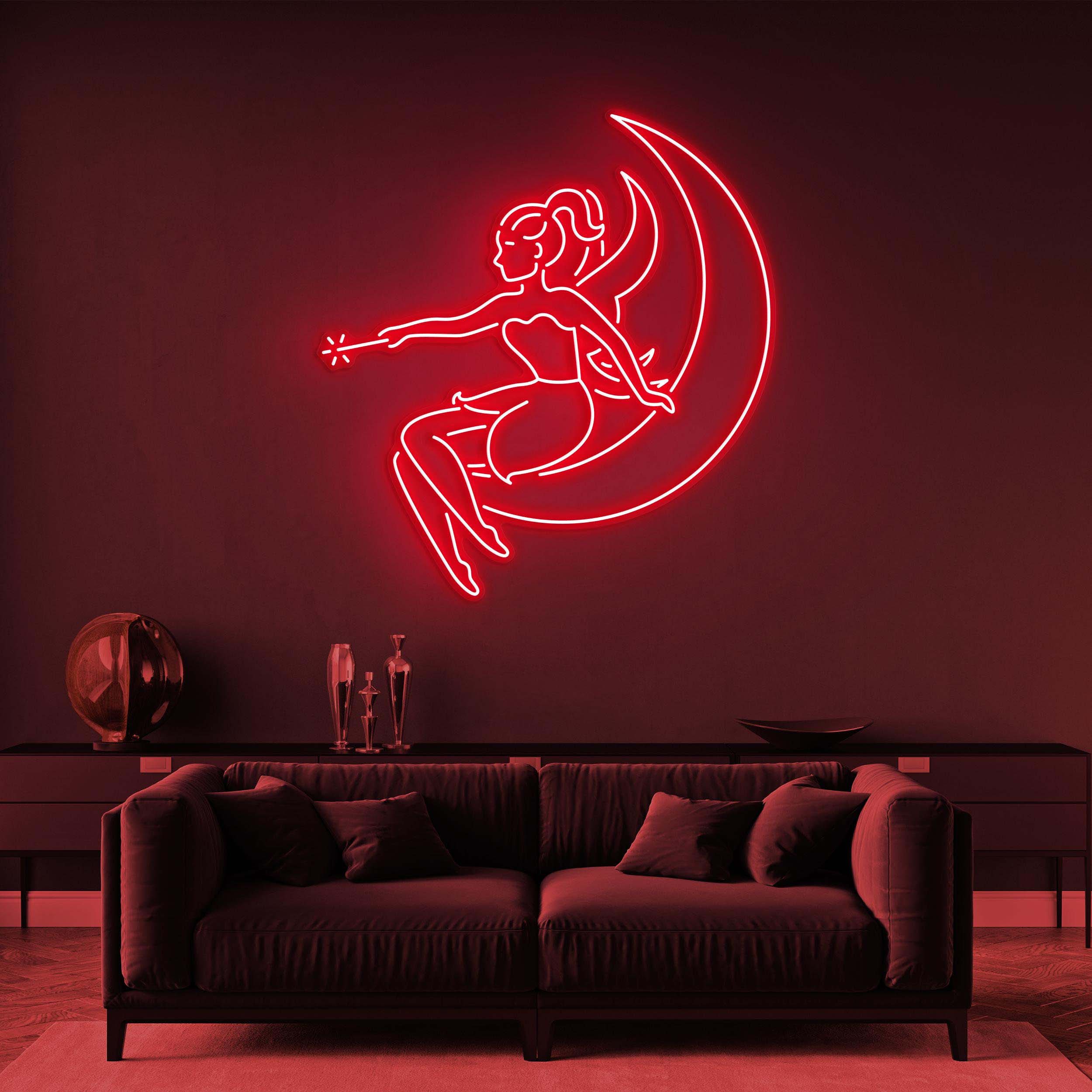 Fairy Girl on Moon Neon Light, LED Neon Sign for Kids' Room, Butterfly Fairy Art, Magical Bedroom Decor, Custom Neon Sign for Nursery Decor
