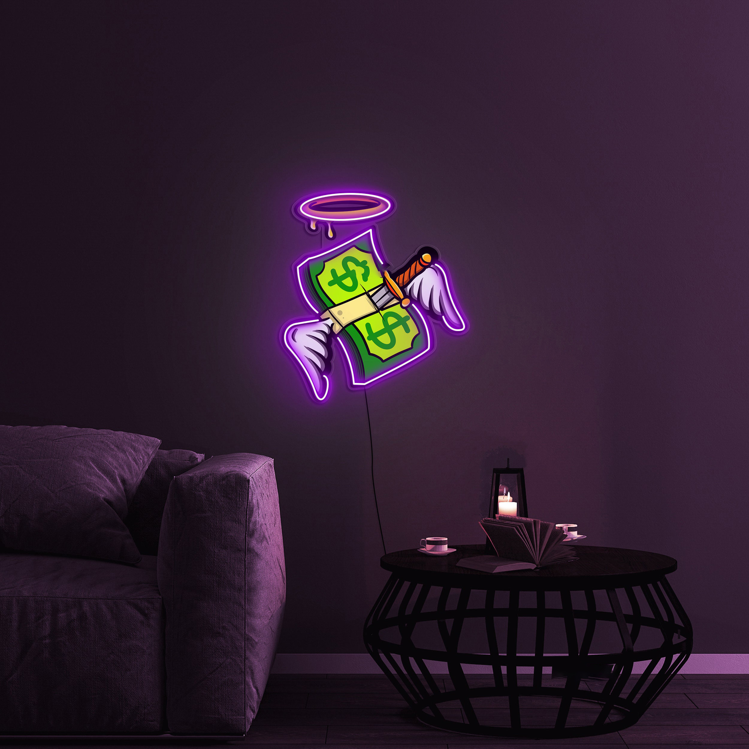 Money Neon Sign, Wings and Halo LED Pop Art, Bar and Game Room Decor, Unique Gift, Cash Neon Sign,Custom Neon Art for Home or Business Decor