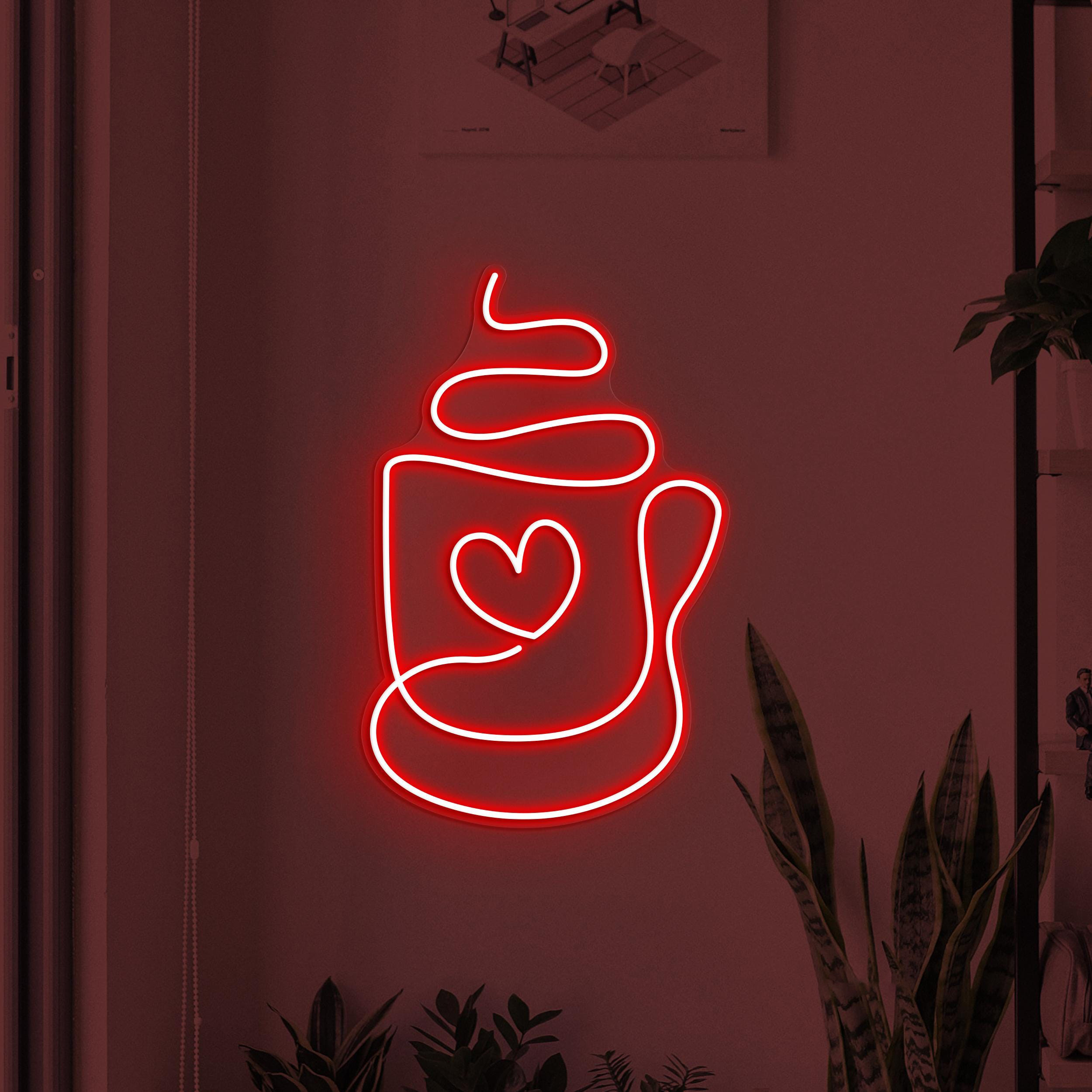Coffee Heart Cup Neon Sign, Coffee Love LED Light, Coffee Shop Wall Decor, Coffee Cup Logo, Store, Bar, Cafe & Home Decor, Couple Neon Sign