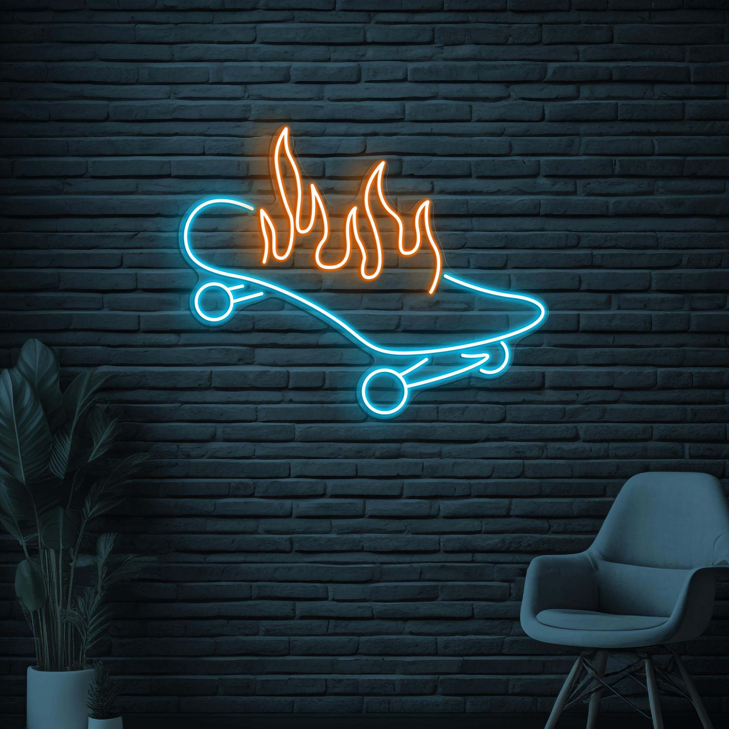 Skateboard On Fire Neon Sign, Skateboard On Fire LED Light, Flaming Skateboard Wall Light, Sports Shop Wall Decor, Game Room Neon Sign, Gift