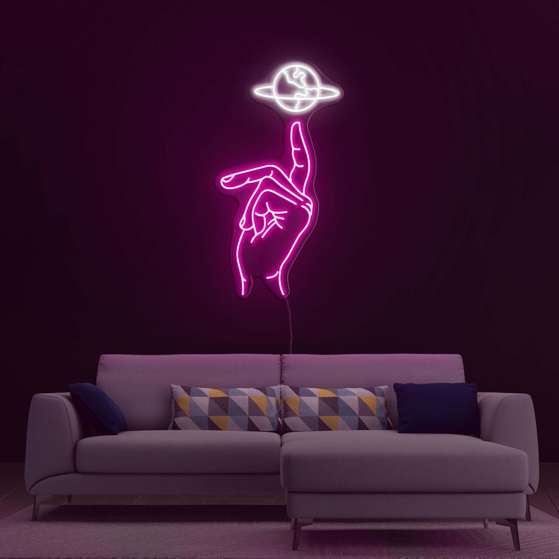 Hand on Planet Neon Light, Wall Decor for Bedroom, Bar, Home, Wall Art, Gift, Room Lighting, Earth Art, Neon Sign for Kids Room, Party Decor