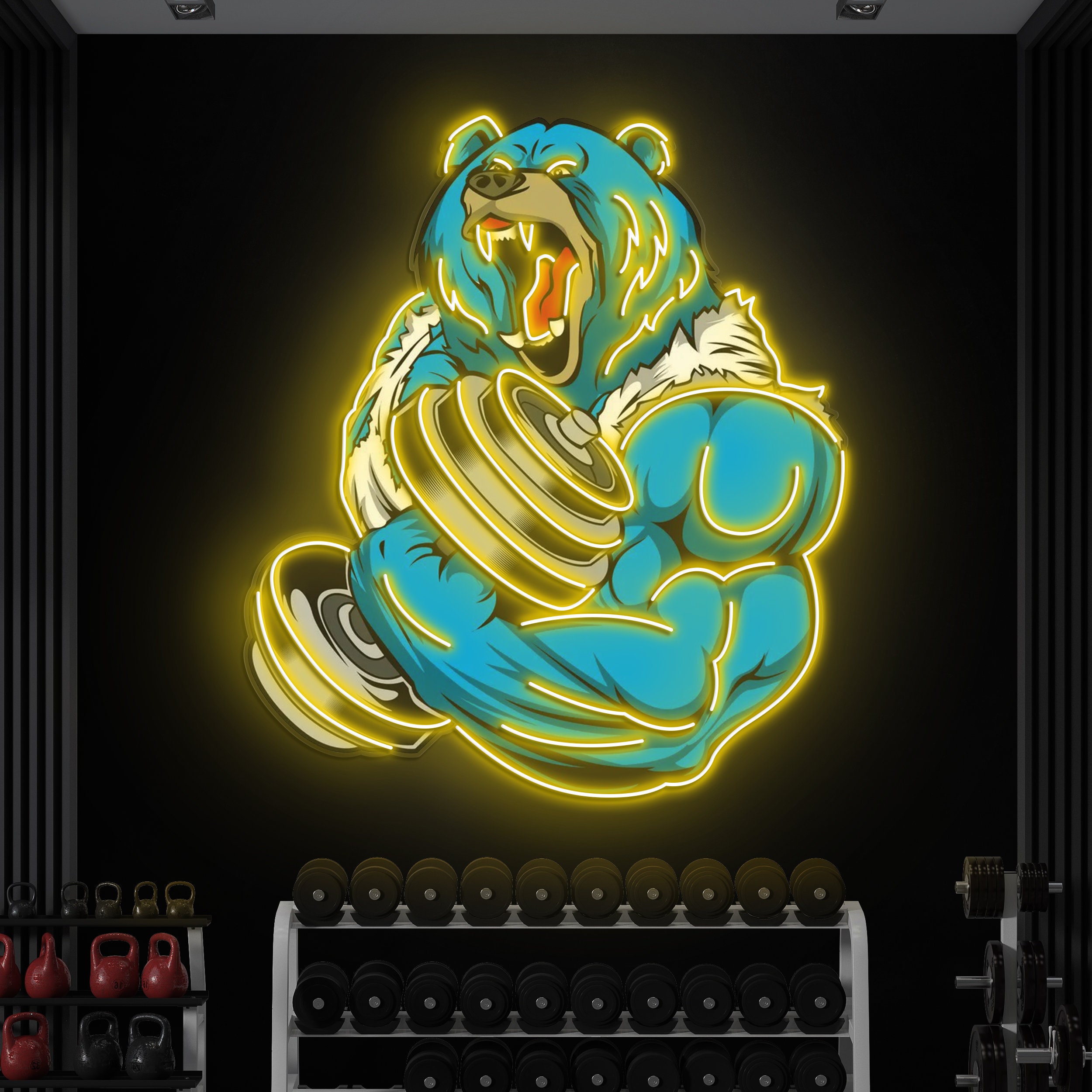 Bear Strong Dumbbell Neon Light, Angry Bear Neon Sign, Bear Neon Pop Art, Motivational Gym Decor for Man Cave, Neon Sign for Animal Lovers