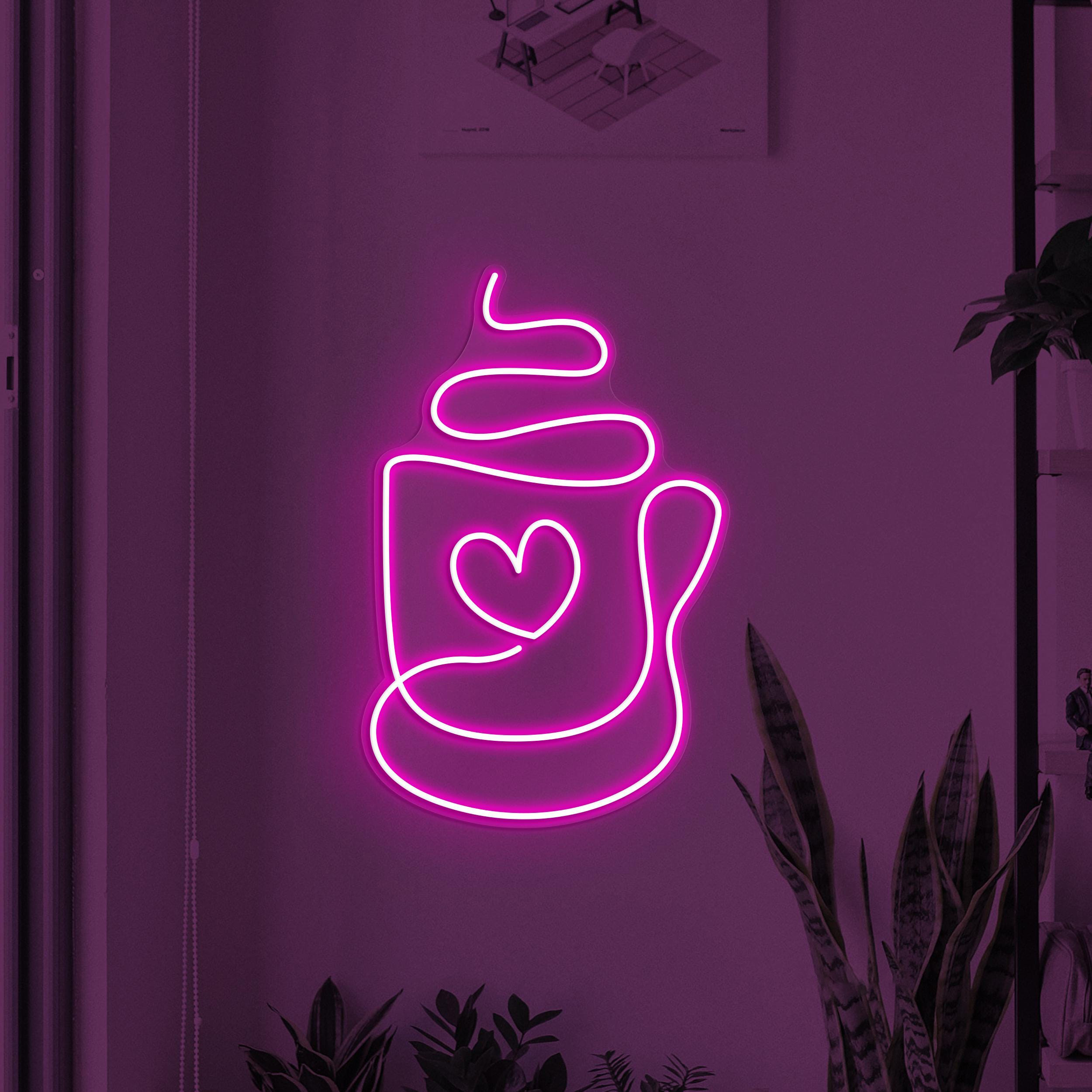 Coffee Heart Cup Neon Sign, Coffee Love LED Light, Coffee Shop Wall Decor, Coffee Cup Logo, Store, Bar, Cafe & Home Decor, Couple Neon Sign