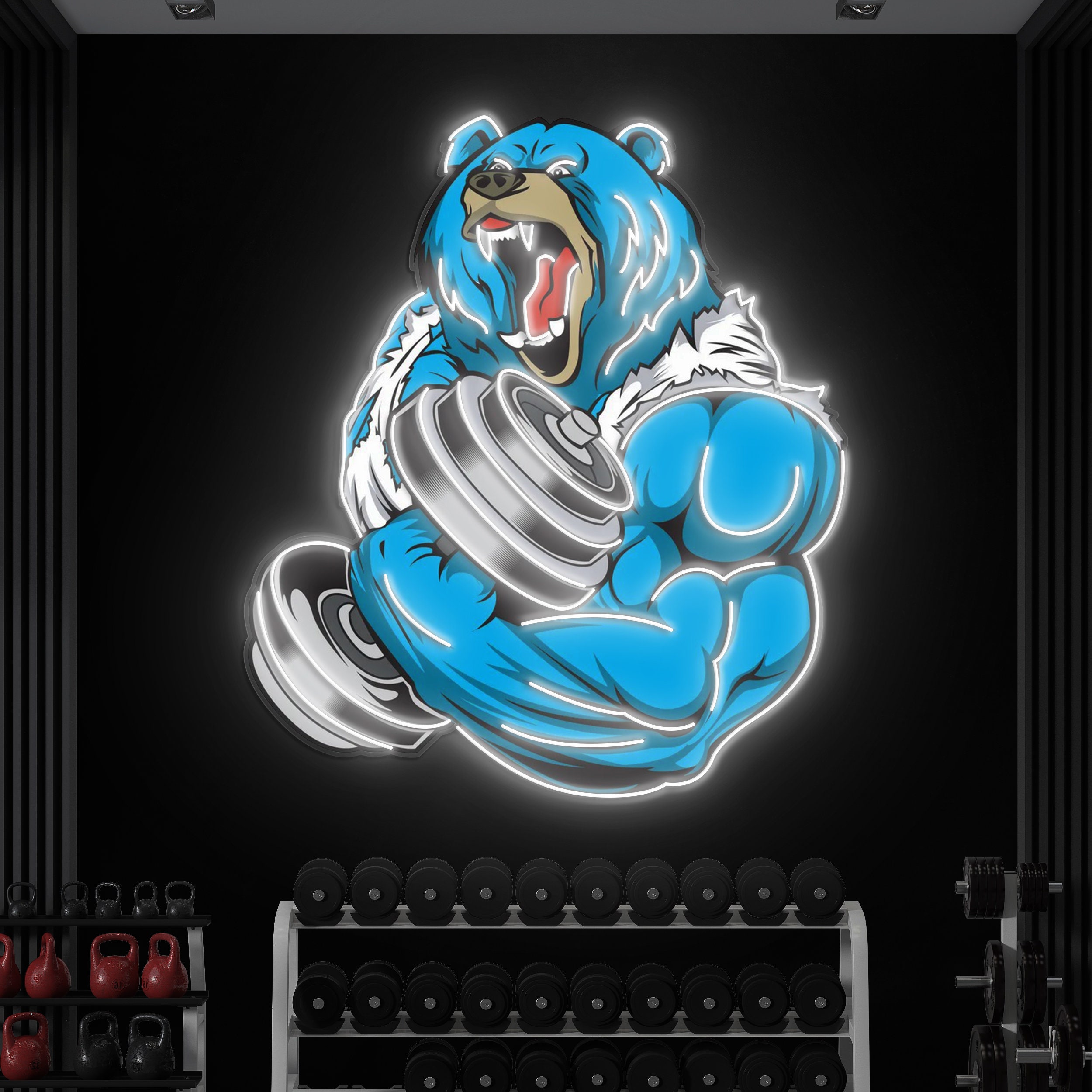 Bear Strong Dumbbell Neon Light, Angry Bear Neon Sign, Bear Neon Pop Art, Motivational Gym Decor for Man Cave, Neon Sign for Animal Lovers