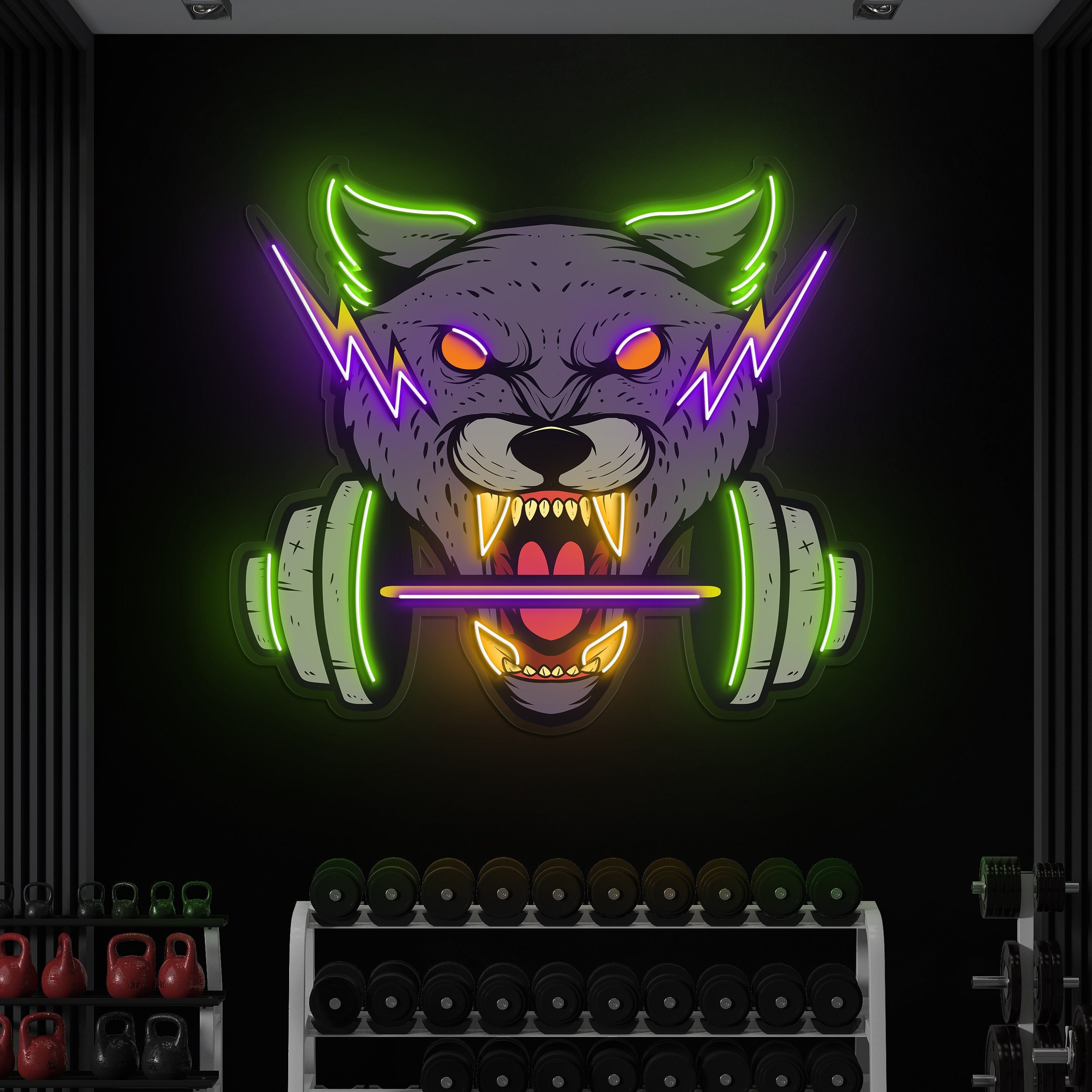 Wolf and Dumbbell Neon Light, Roaring Wolf Neon Sign, Gym and Fitness Decor, LED Gym Decor for Game Rooms, Man Caves, Bars, Wolf Wall Art