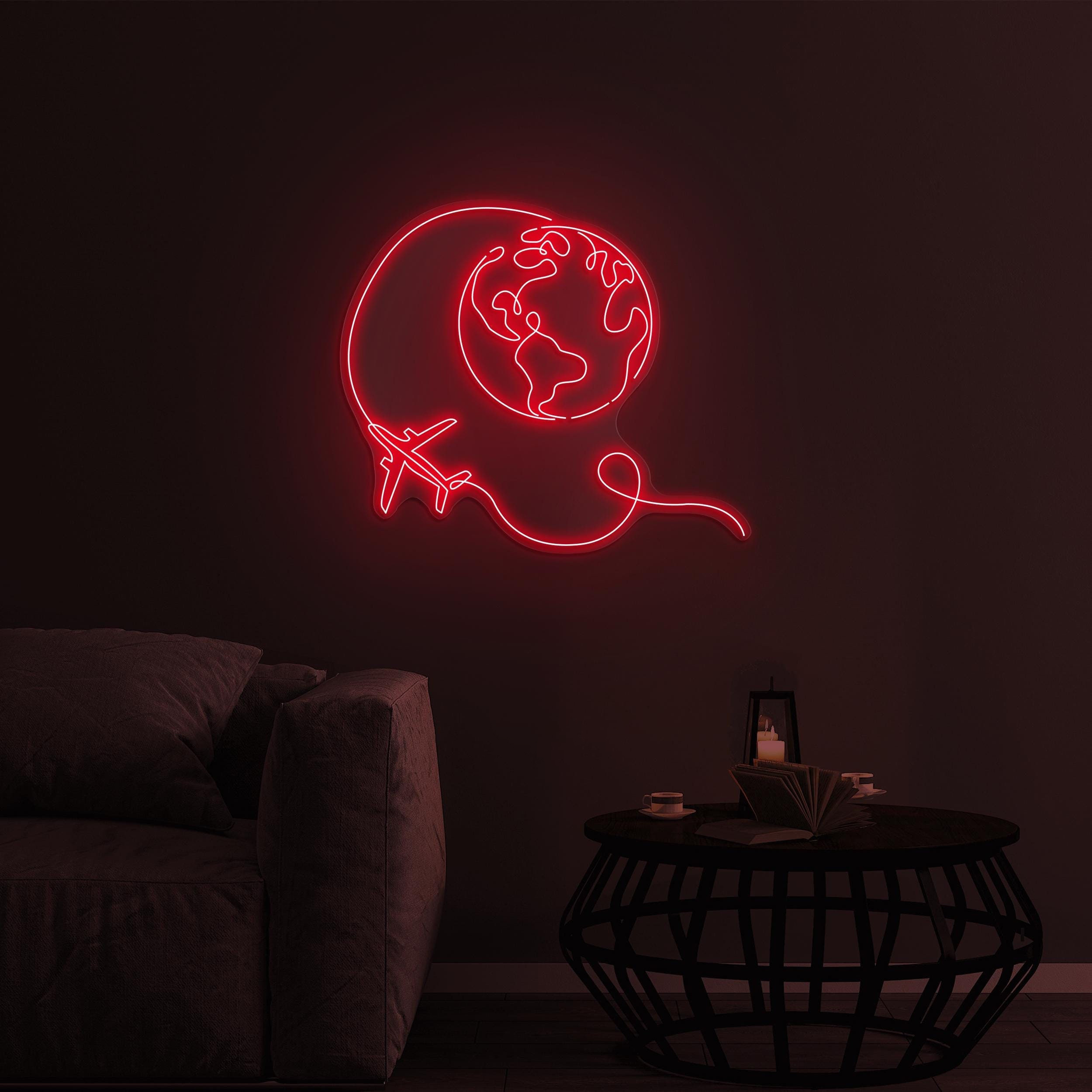 Earth and Airplane Neon Sign, Travel World LED Light, Earth and Airplane LED Art, Home Wall Decor, Travel Agency Wall Decor, Airplane Sign