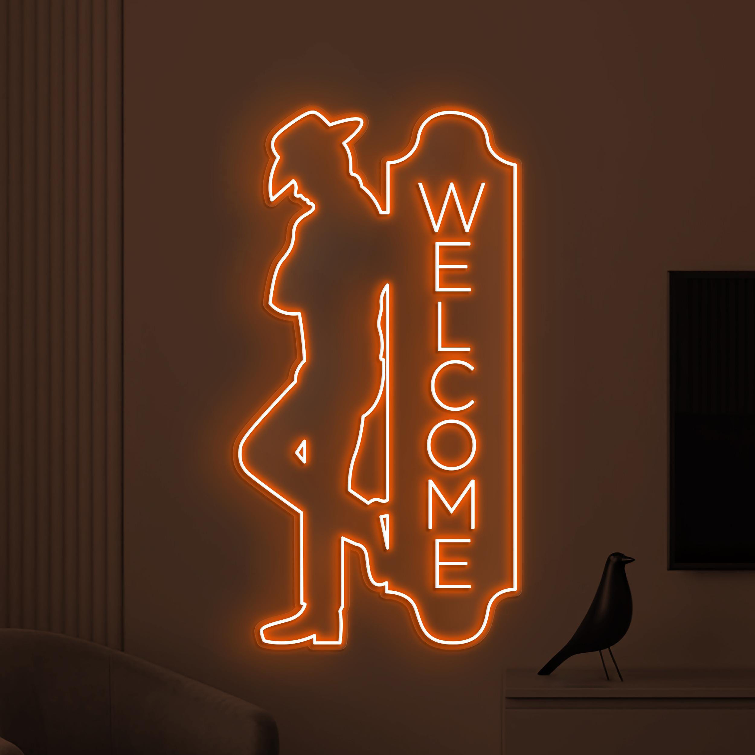 Welcome Neon Sign, Welcome LED Light, Cowboy Man Wall Decor, Cafe Neon Sign, Personalized Welcome Sign, Open Shop Sign, Business Logo Art