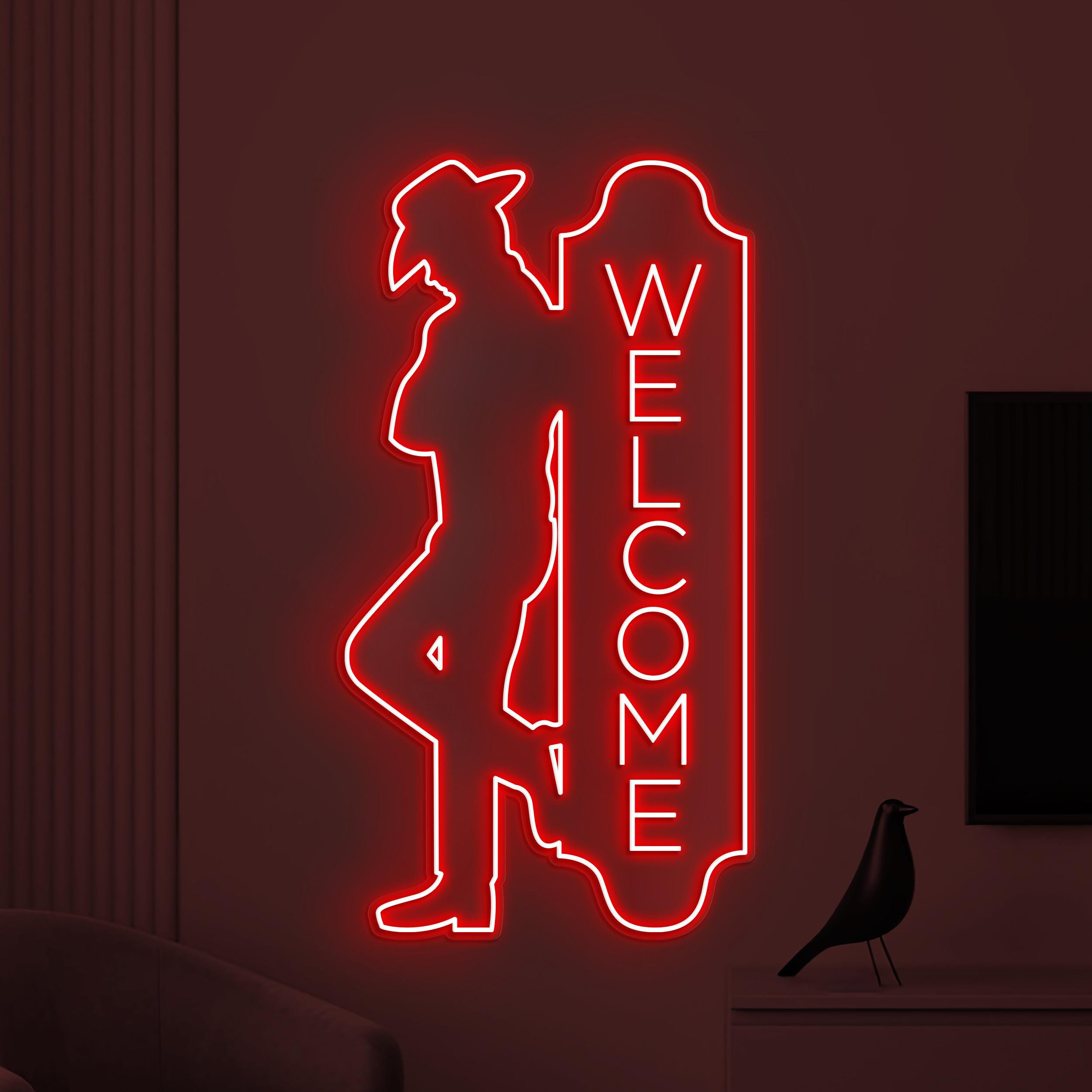 Welcome Neon Sign, Welcome LED Light, Cowboy Man Wall Decor, Cafe Neon Sign, Personalized Welcome Sign, Open Shop Sign, Business Logo Art