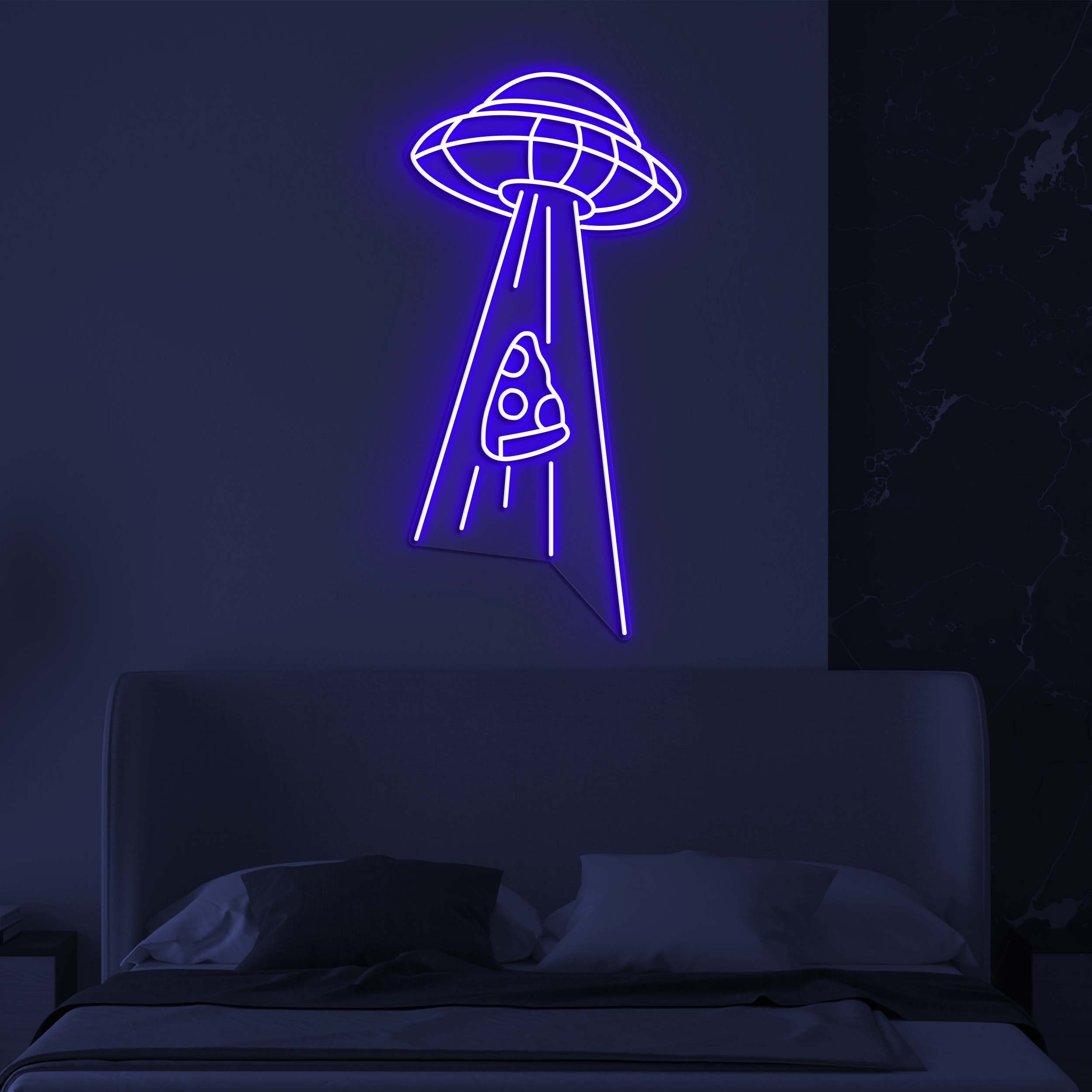 Ufo Abducting Pizza Neon Light, UFO Neon Sign for Game Room, LED Wall Art, Pizza Lovers Gift, Restaurant & Party Decor, UFO Fan Decor, Gift