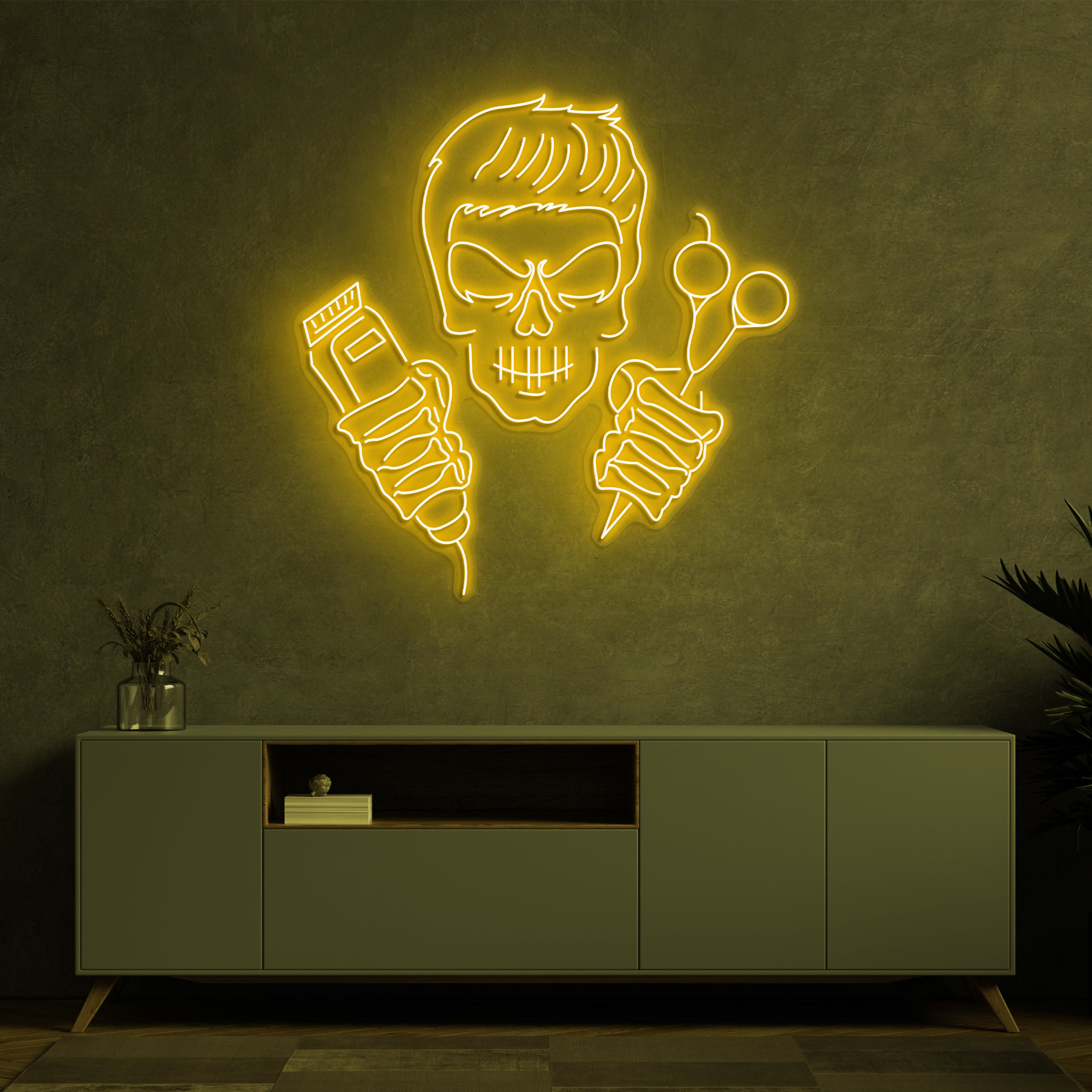 Skull Barber Neon Light, Clippers and Scissors Sign, Neon Sign for Salon Decor, Skull Head LED Light Sign, Led Decor For Hair Salon and Shop