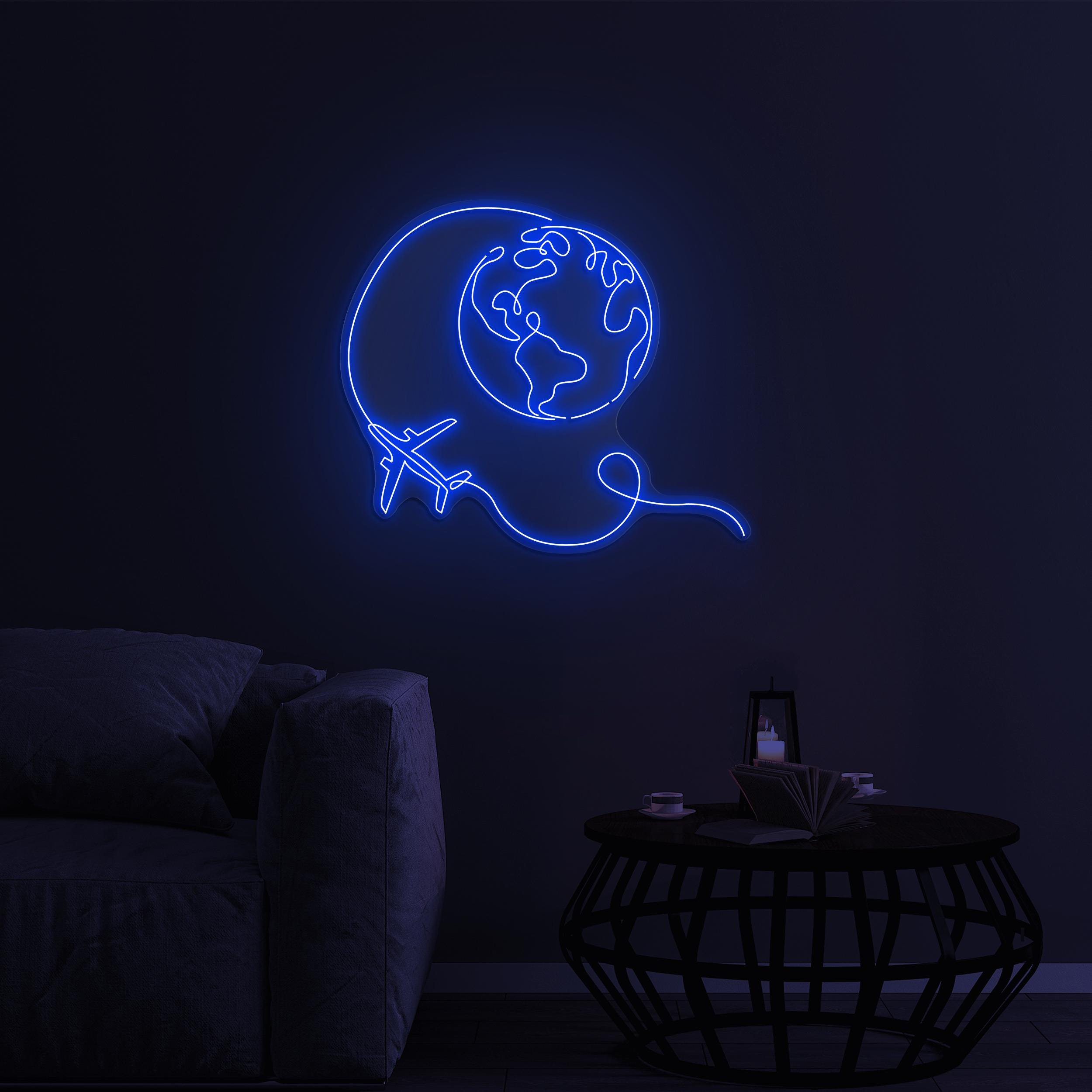 Earth and Airplane Neon Sign, Travel World LED Light, Earth and Airplane LED Art, Home Wall Decor, Travel Agency Wall Decor, Airplane Sign