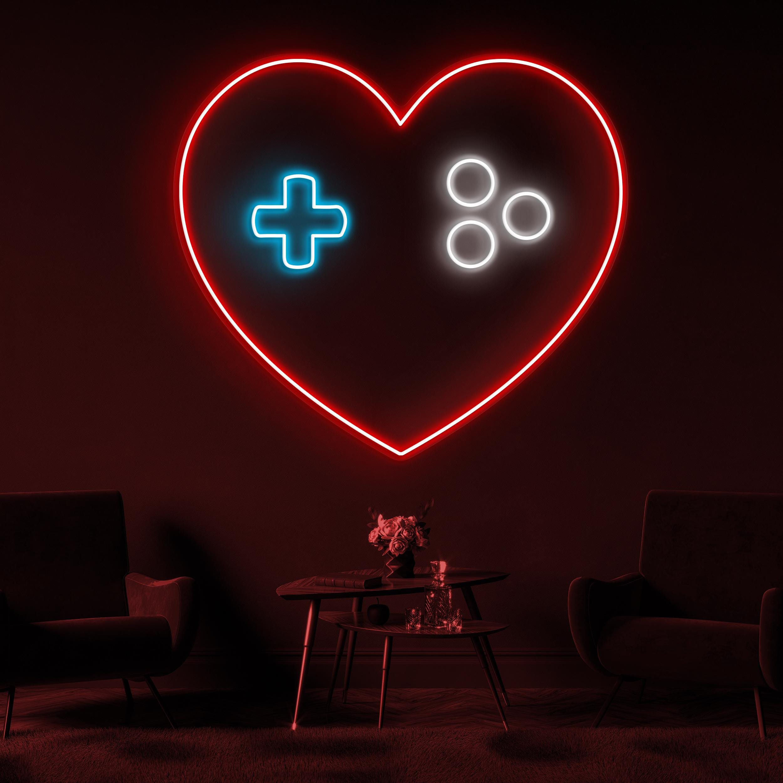 Gamer Heart Neon Sign, Gamer Heart LED Light, Game Room Wall Decor, Gaming Love LED Sign, Game Heart Controller Wall Art, Personalized Sign