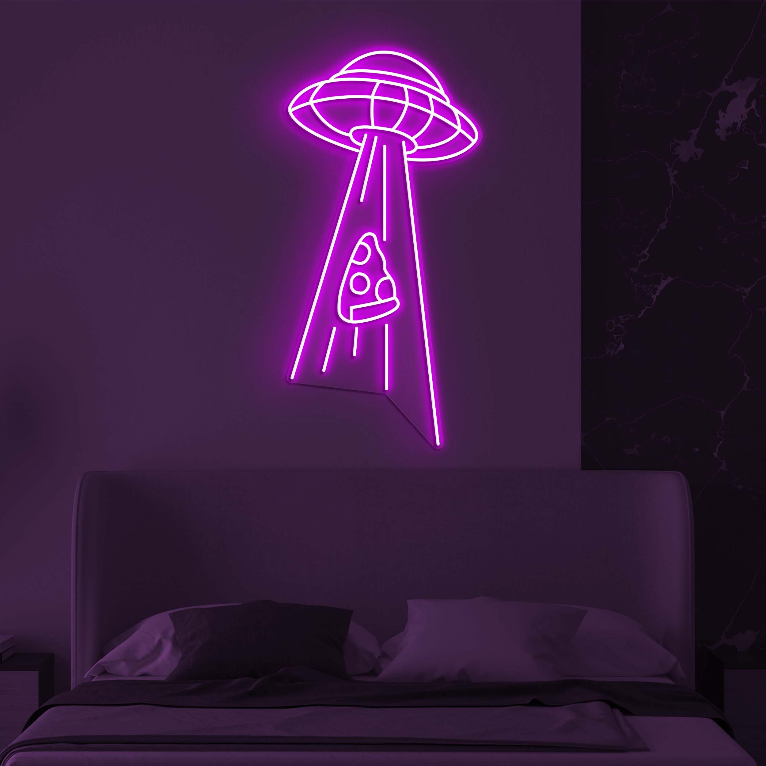 Ufo Abducting Pizza Neon Light, UFO Neon Sign for Game Room, LED Wall Art, Pizza Lovers Gift, Restaurant & Party Decor, UFO Fan Decor, Gift