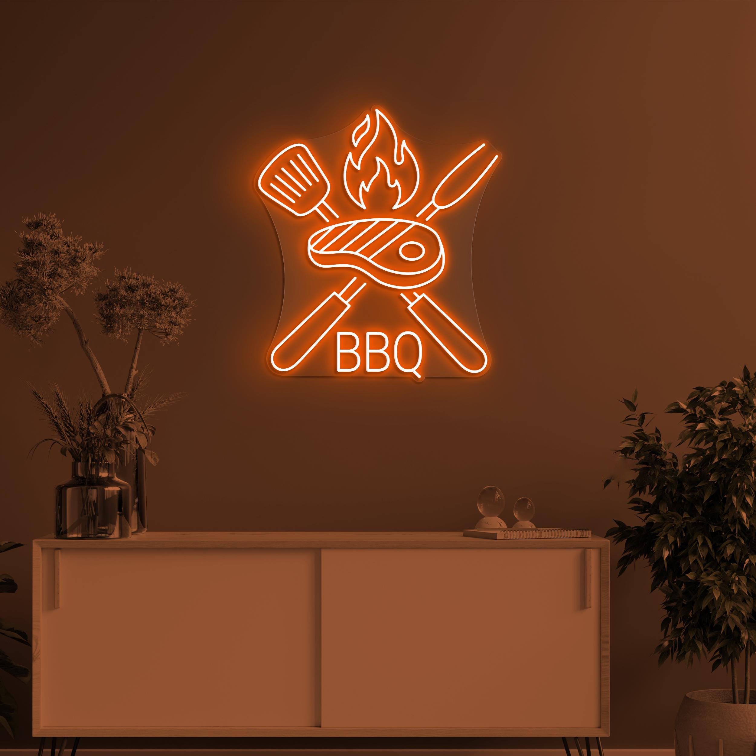 BBQ Neon Sign, BBq Led Light, Fire Meat Sign, Barbeque Wall Decor, Spoon Wall Art, BBQ Lover Gift, Home Room BBQ Party Decor, Restaurant Art