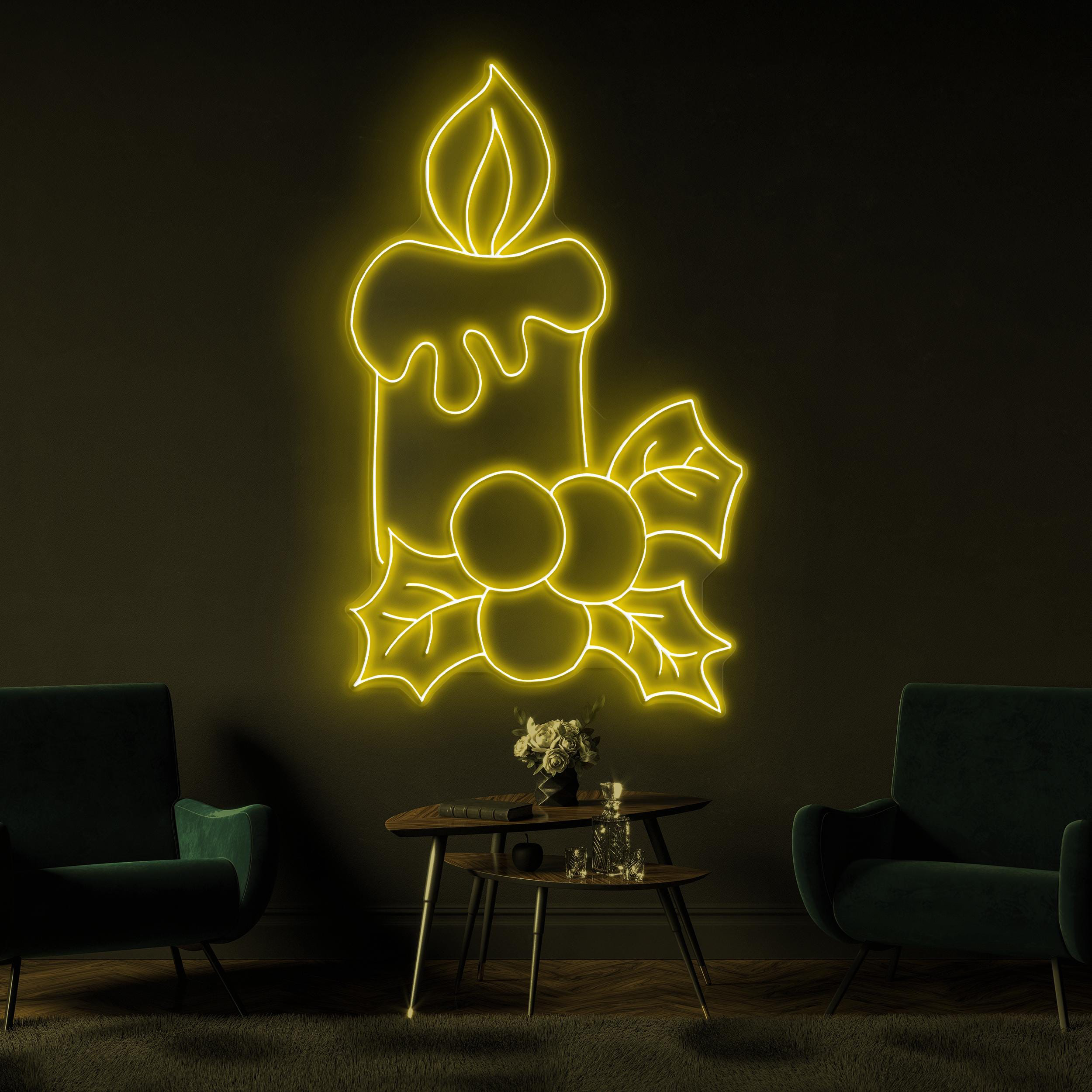 Candle Neon Sign, Christmas Candle LED Light, Berries and Leaves Neon Art, Festive Candle Wall Decor, Decor for Home, Weddings, & Party