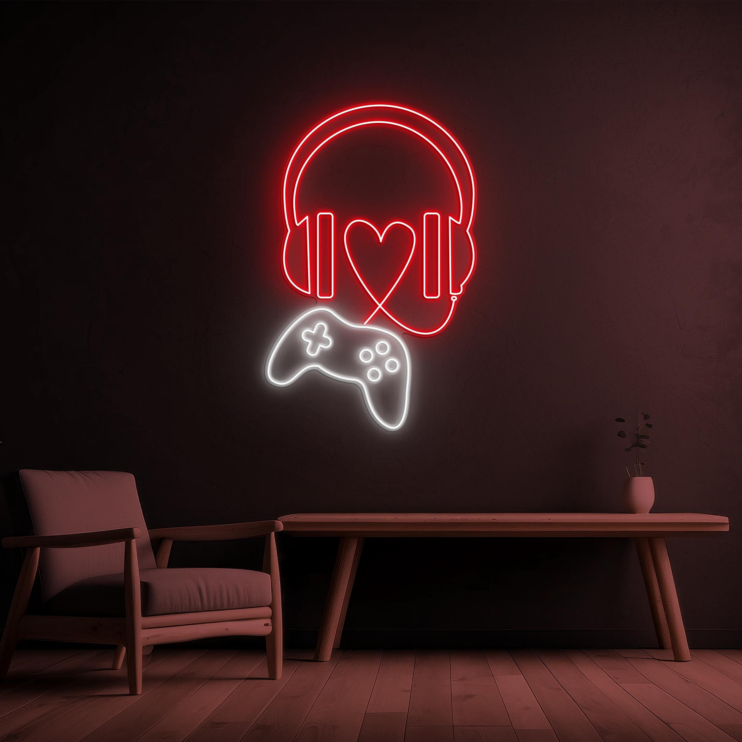Headphone Neon Sign, Game Controller Led Light, Game Player Wall Decor, Headphone With Heart Sign, Game Room Wall Decor, Game Lover Gift