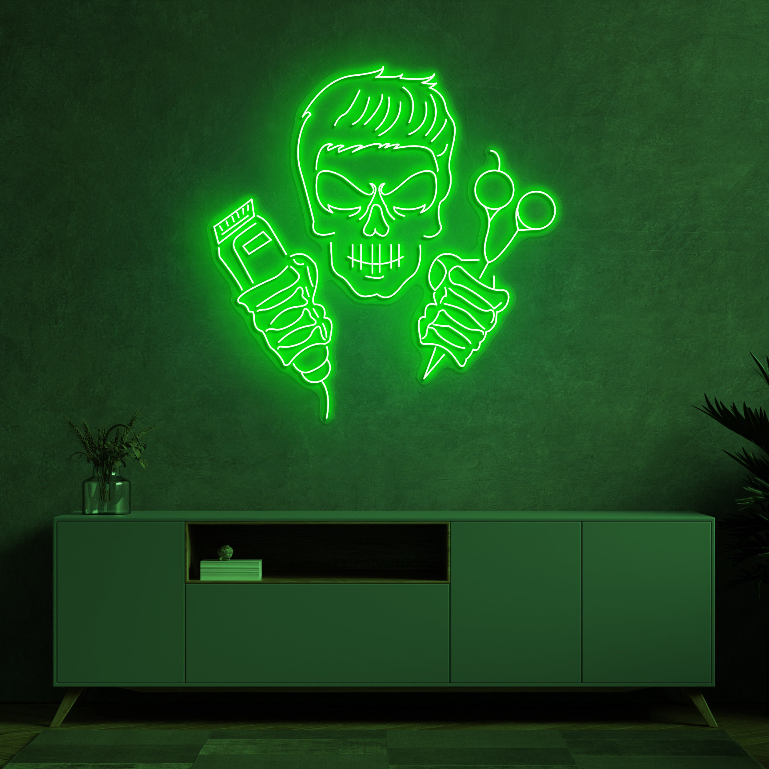 Skull Barber Neon Light, Clippers and Scissors Sign, Neon Sign for Salon Decor, Skull Head LED Light Sign, Led Decor For Hair Salon and Shop