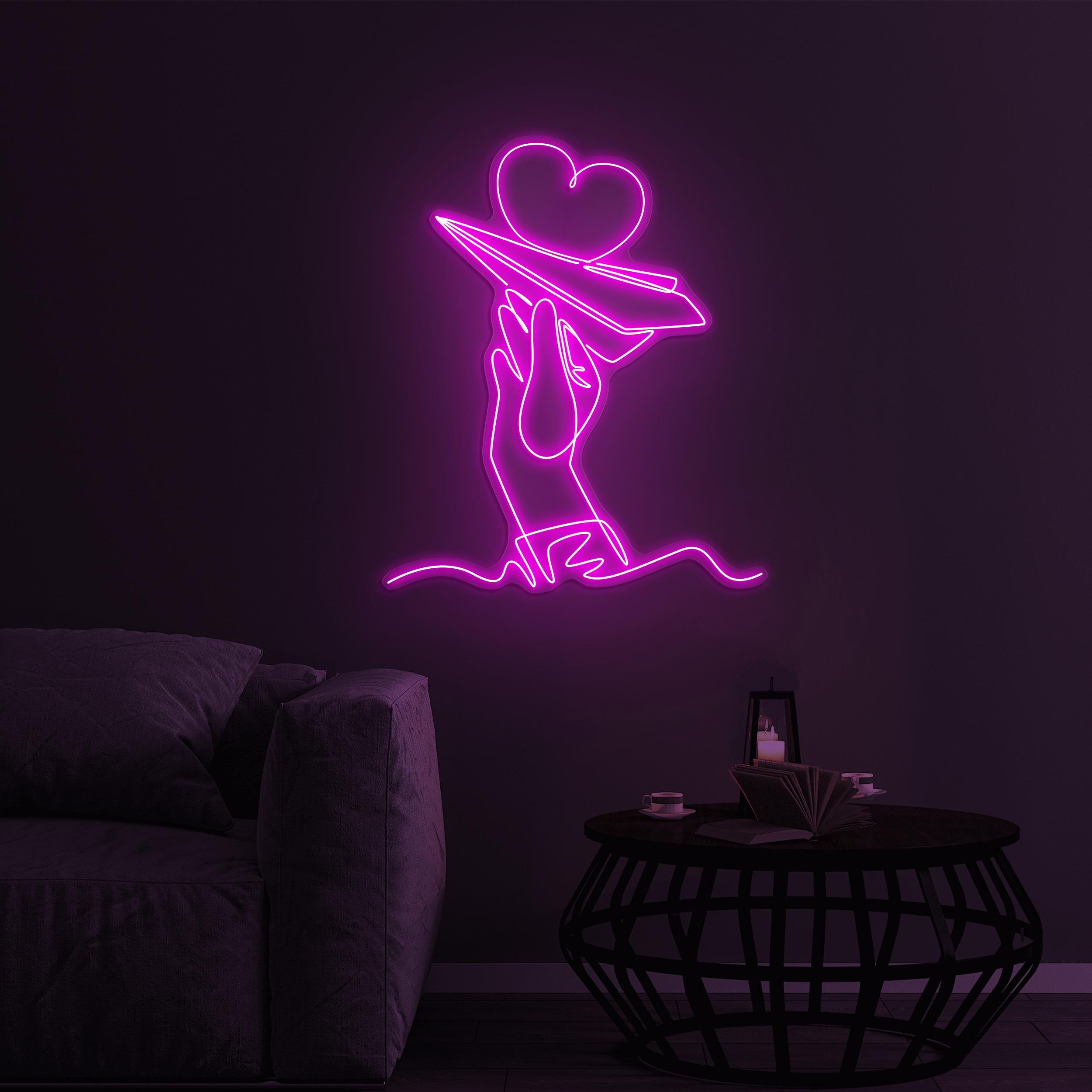 Hand and Paper Plane Neon Sign, Flying Heart LED Light, Hand and Paper Plane LED Neon Art, Home Wall Decor, Airport Wall Art, Custom Sign