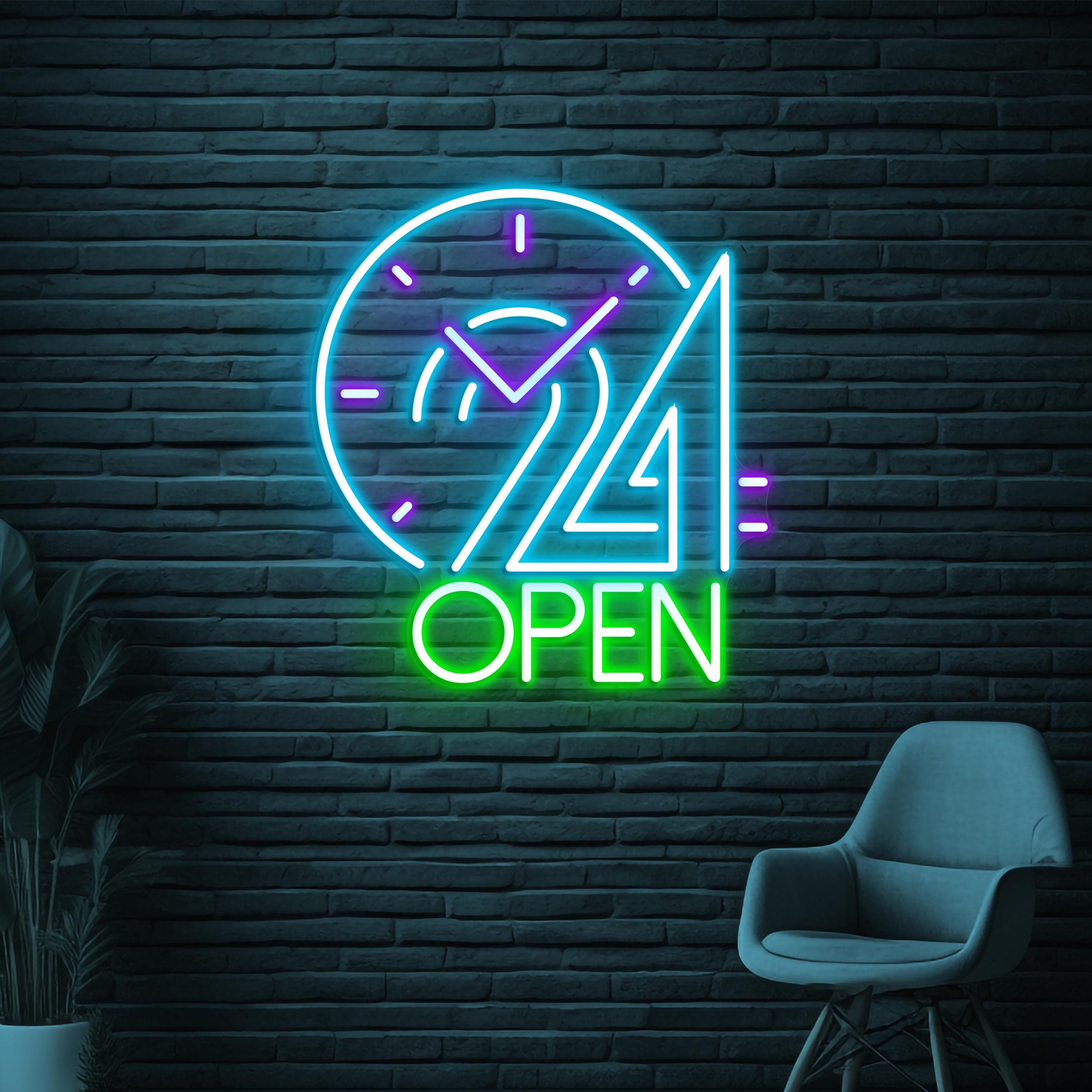 24 Open Neon Sign, 24 Hours Open LED Sign, Clock Wall Decor, Home Wall Art, Sign, Business Neon Sign, Restaurant Neon Light, Bar Club Decor