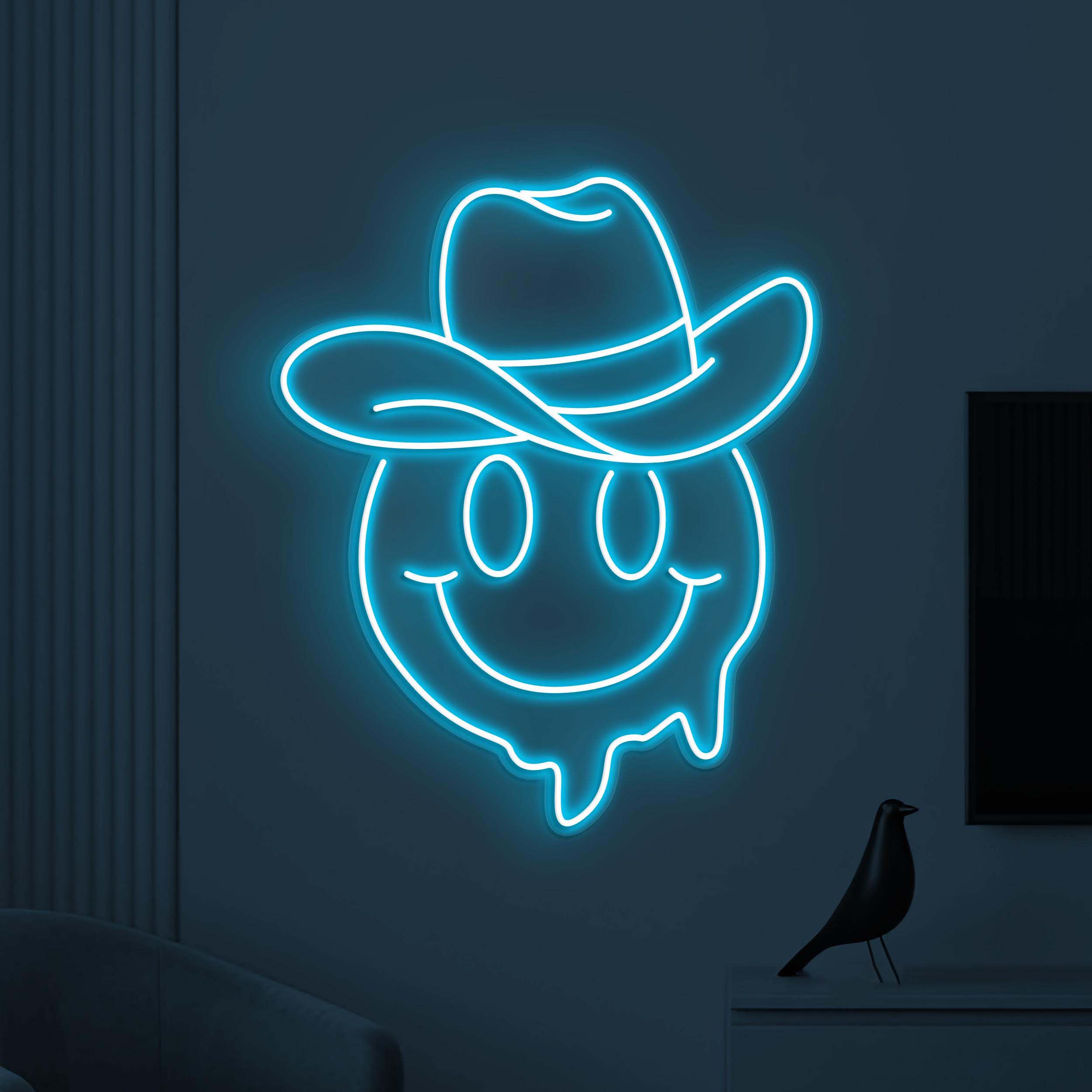 Smiley Cowboy Neon Sign, Smiley Emoji Cowboy LED Sign, Cowboy Hat Wall Decor, Melting Face Neon Sign, Kids Room Decor, Home Wall Decor, Gift