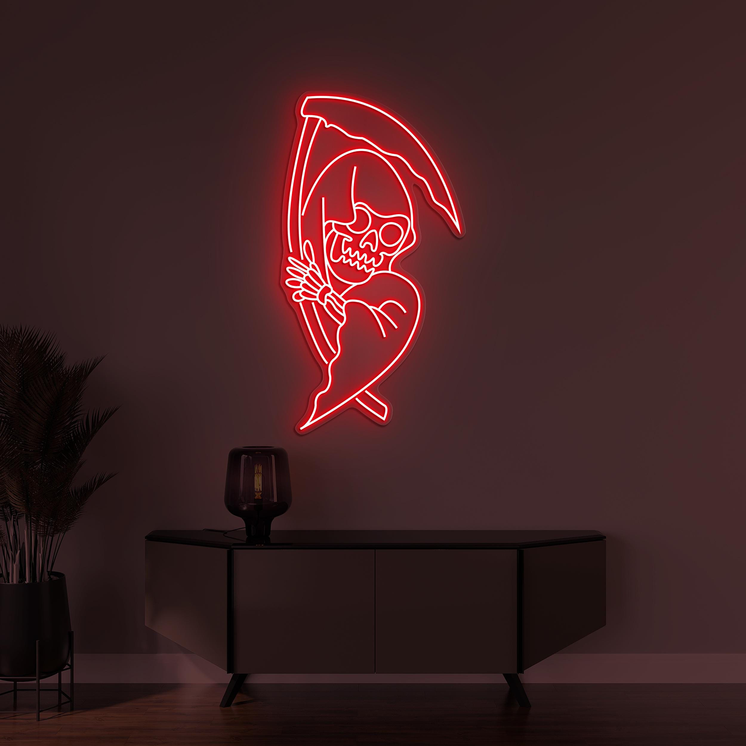 Grim Reaper Neon Sign, Grim Reaper LED Light, Skeleton Wall Art, Spooky Sign, Horror House Decor, Halloween Wall Decor, Halloween Party Art