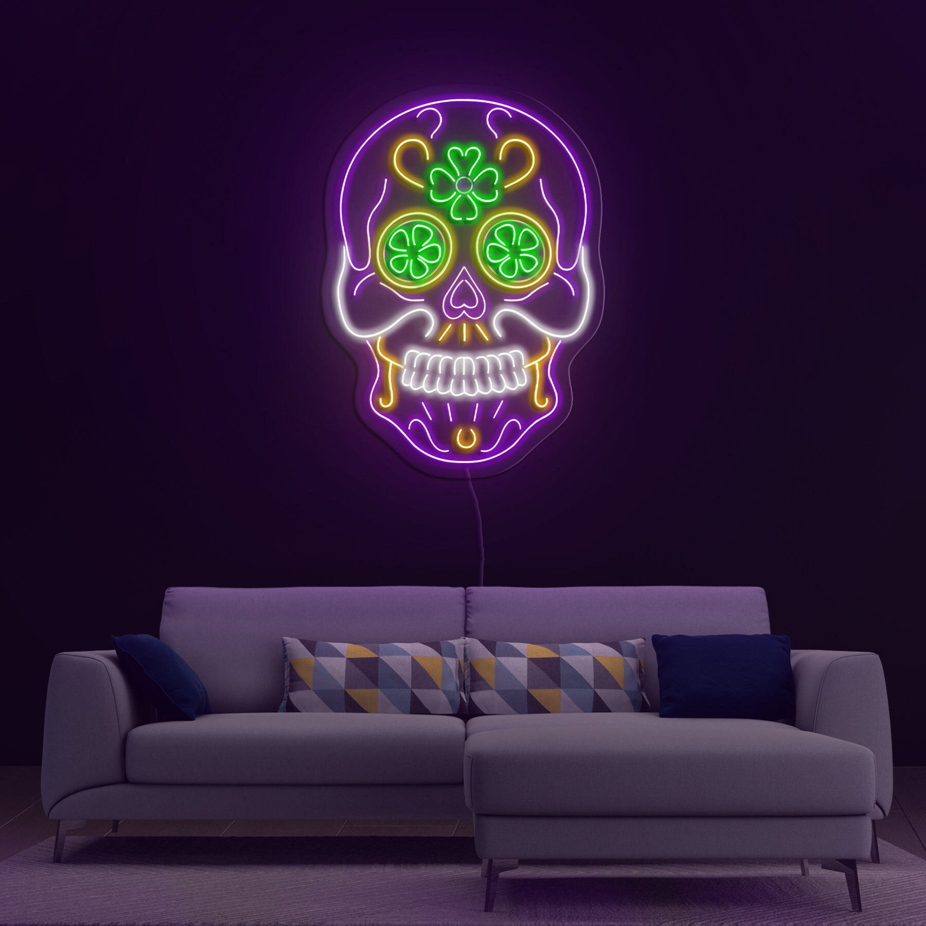 Calaveras Mexican Skull Neon Sign, LED Light Decor, Head Skeleton Neon Sign, Home & Party Decor, Day of the Dead,Colorful Skull LED Wall Art
