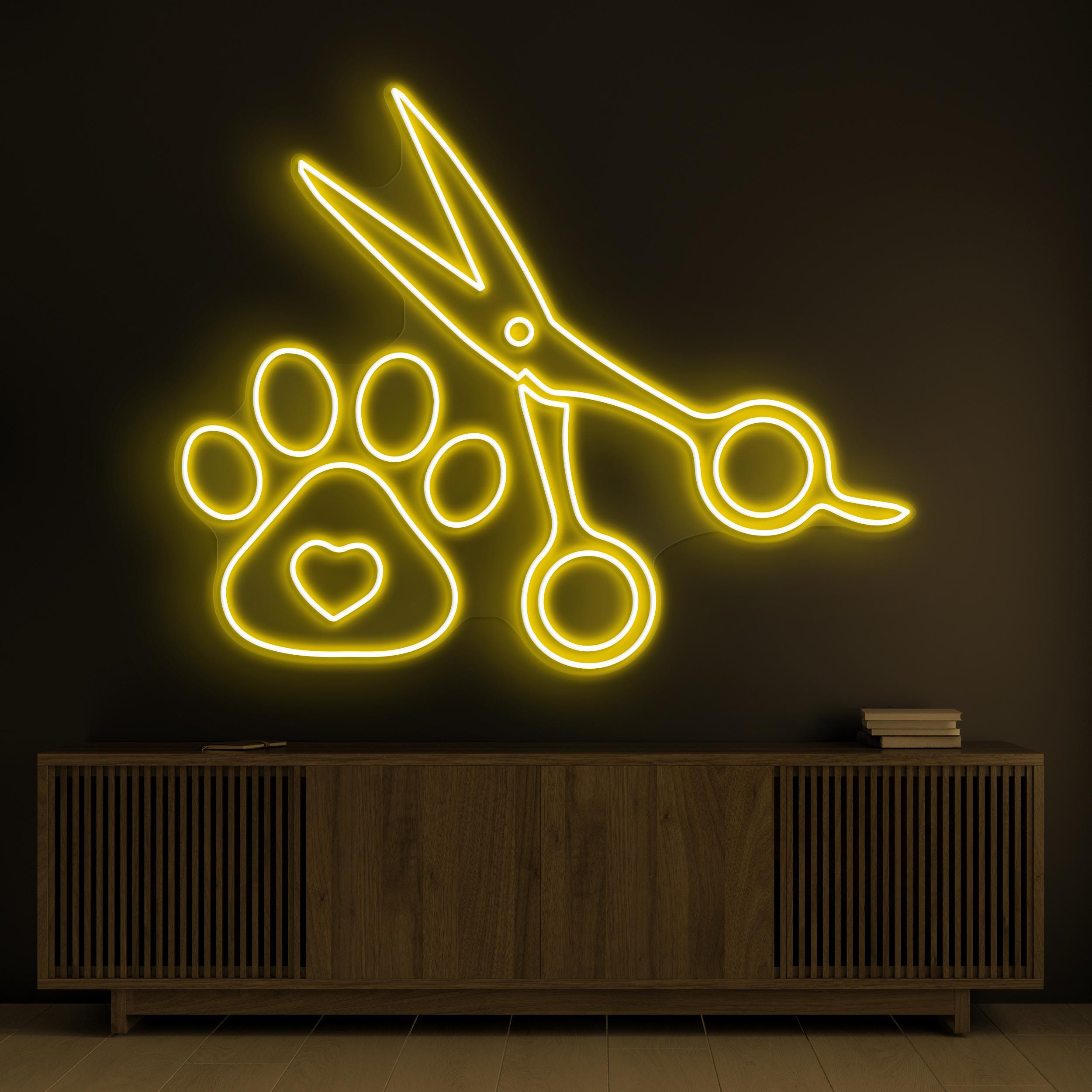 Paw with Scissors Neon Sign, Paw with Scissors LED Light, Pet Grooming Wall Art, Dog Cat Pet Service Sign, Pet Shop Decor, Paw Neon Art
